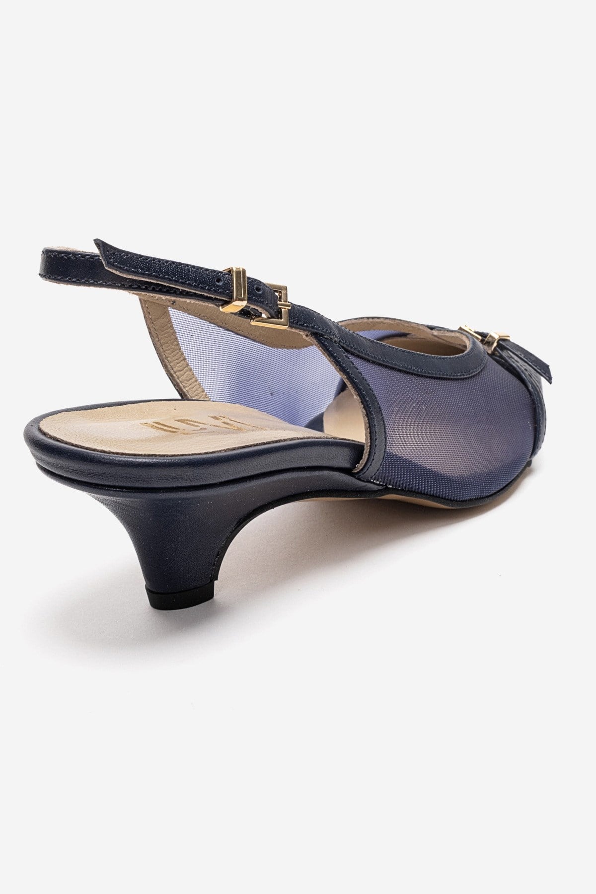 LAVIERA - Navy Genuine Leather Slingback Low Heel Pump – back view showing leather, mesh, metallic, SimmiUnique