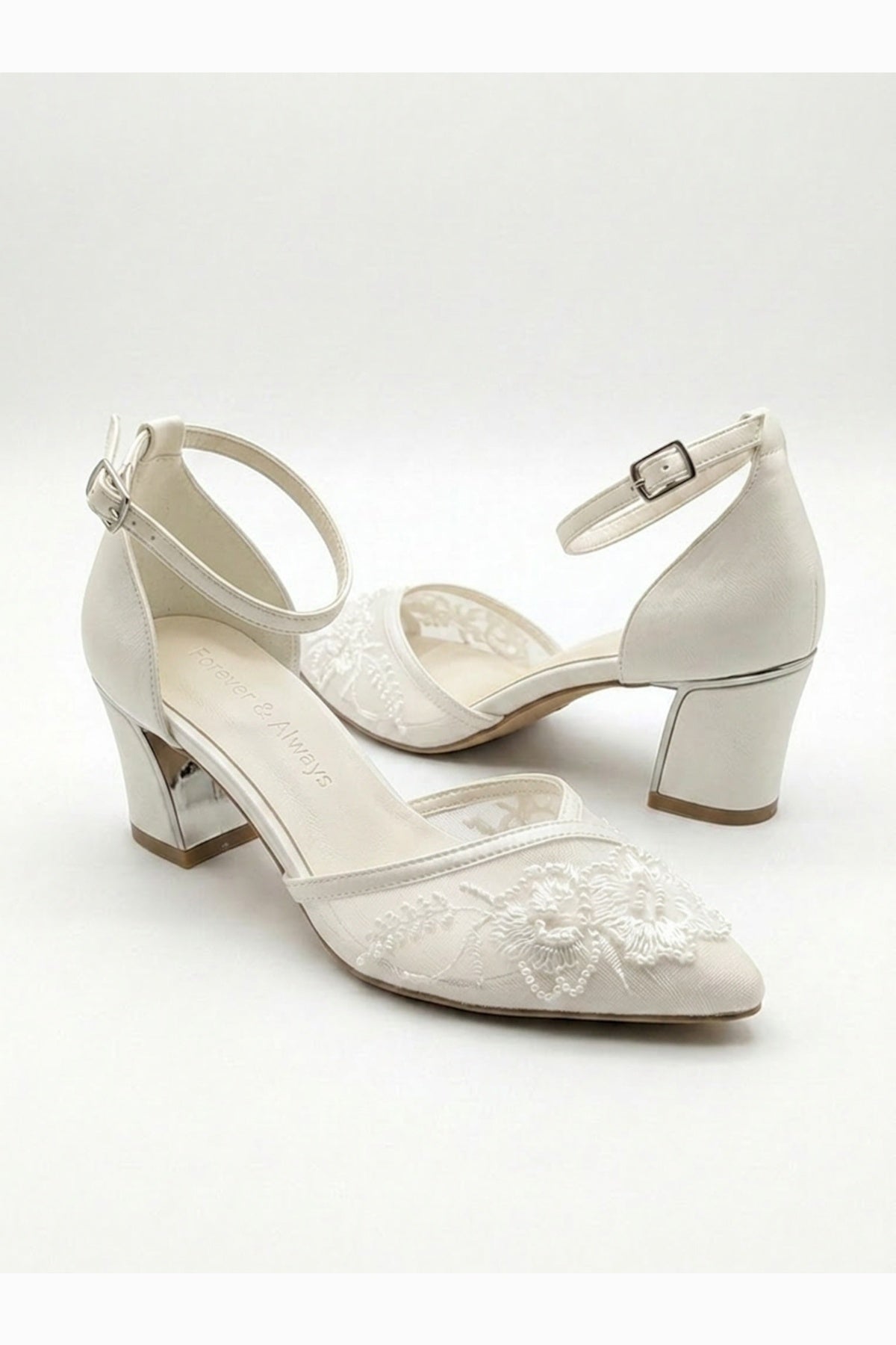 Viona Embroidered Lace Bridal Pumps – heel view showing lace, mesh, red, SimmiUnique