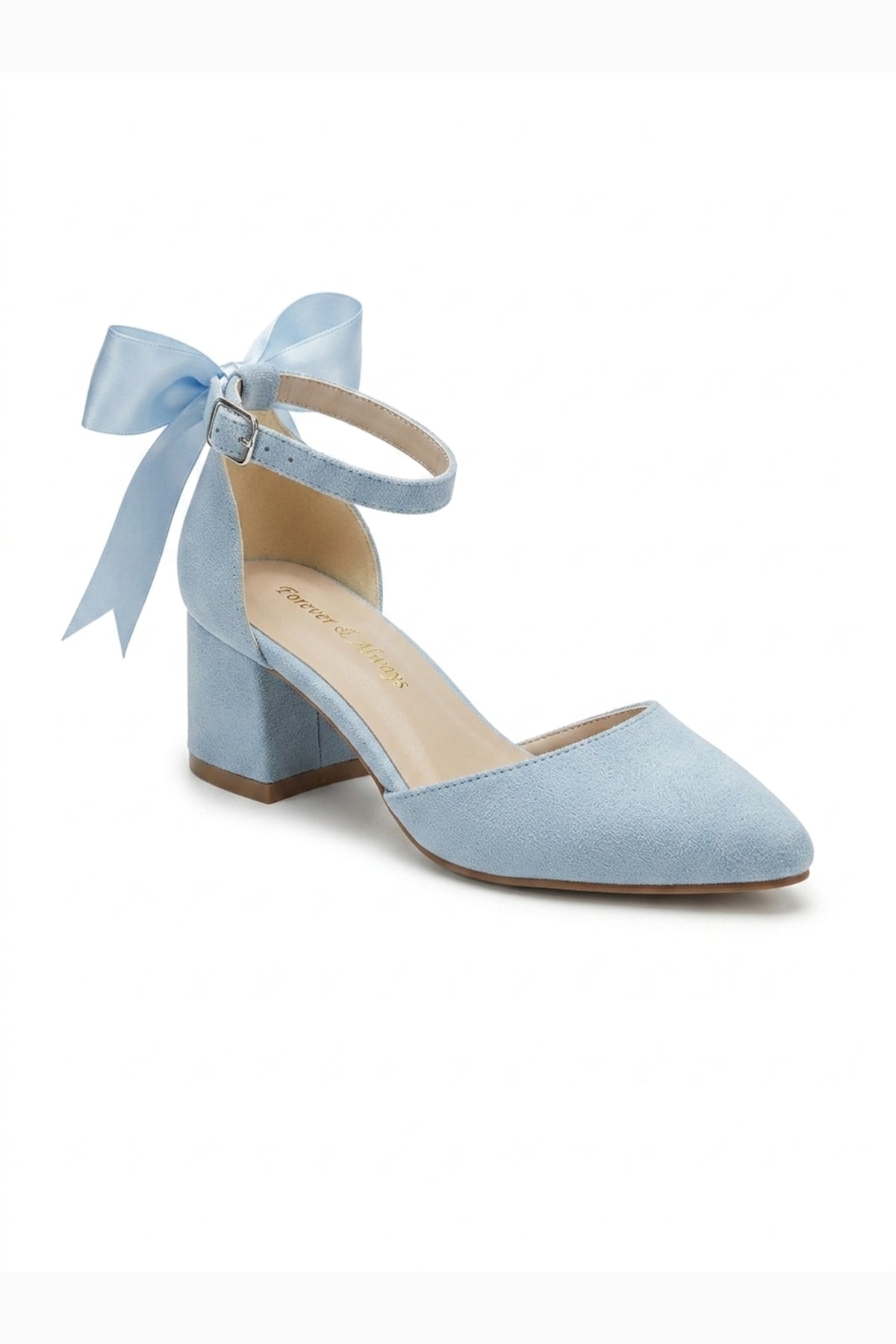 Arielle Baby Blue Suede Bow Ankle Strap Block Heel Sandal – front three-quarter view showing bow, satin, suede, SimmiUnique