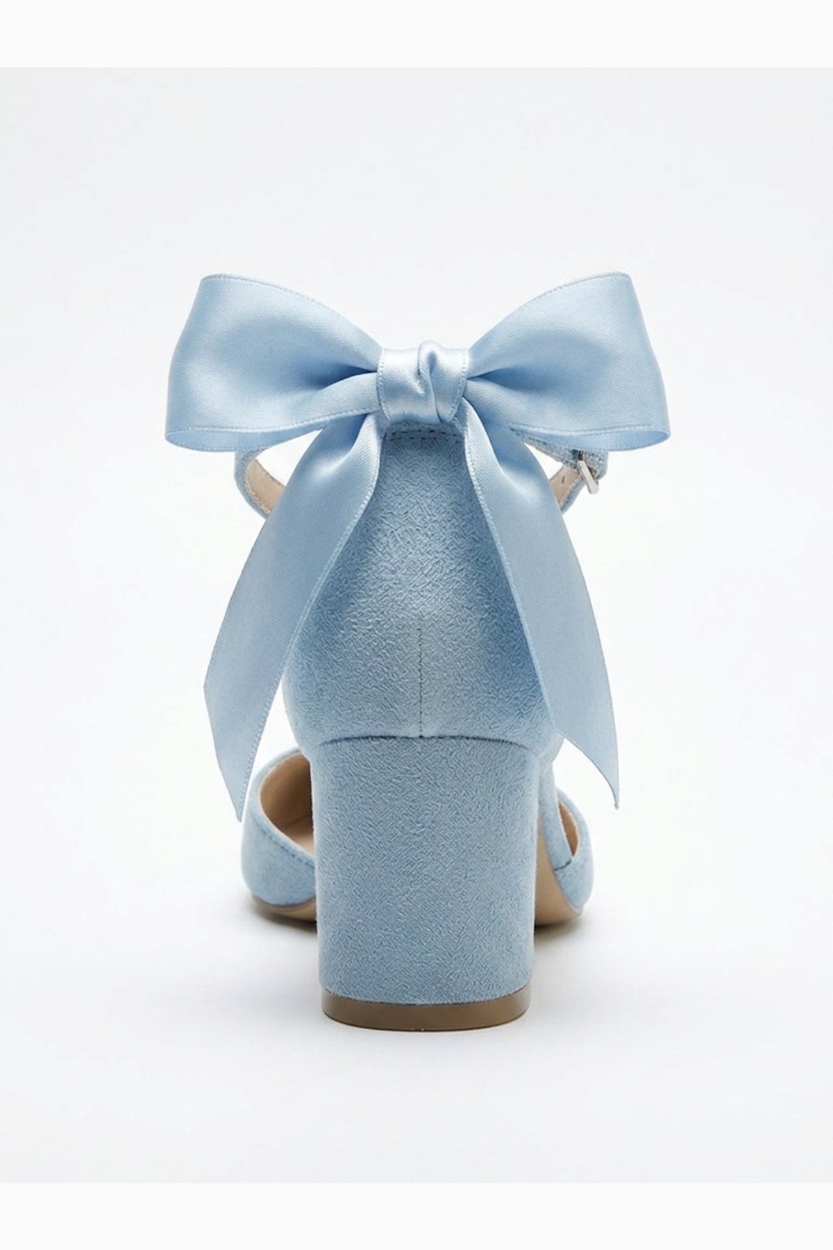 Arielle Baby Blue Suede Bow Ankle Strap Block Heel Sandal – detail view showing bow, satin, suede, SimmiUnique