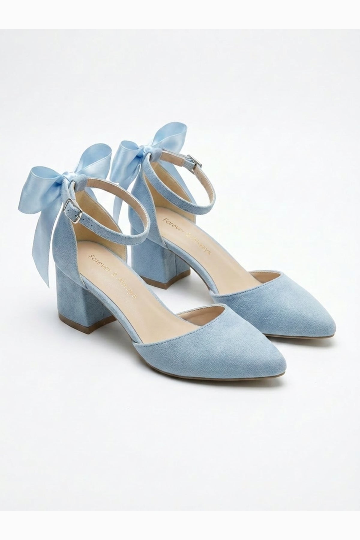 Arielle Baby Blue Suede Bow Ankle Strap Block Heel Sandal – heel view showing bow, satin, suede, SimmiUnique