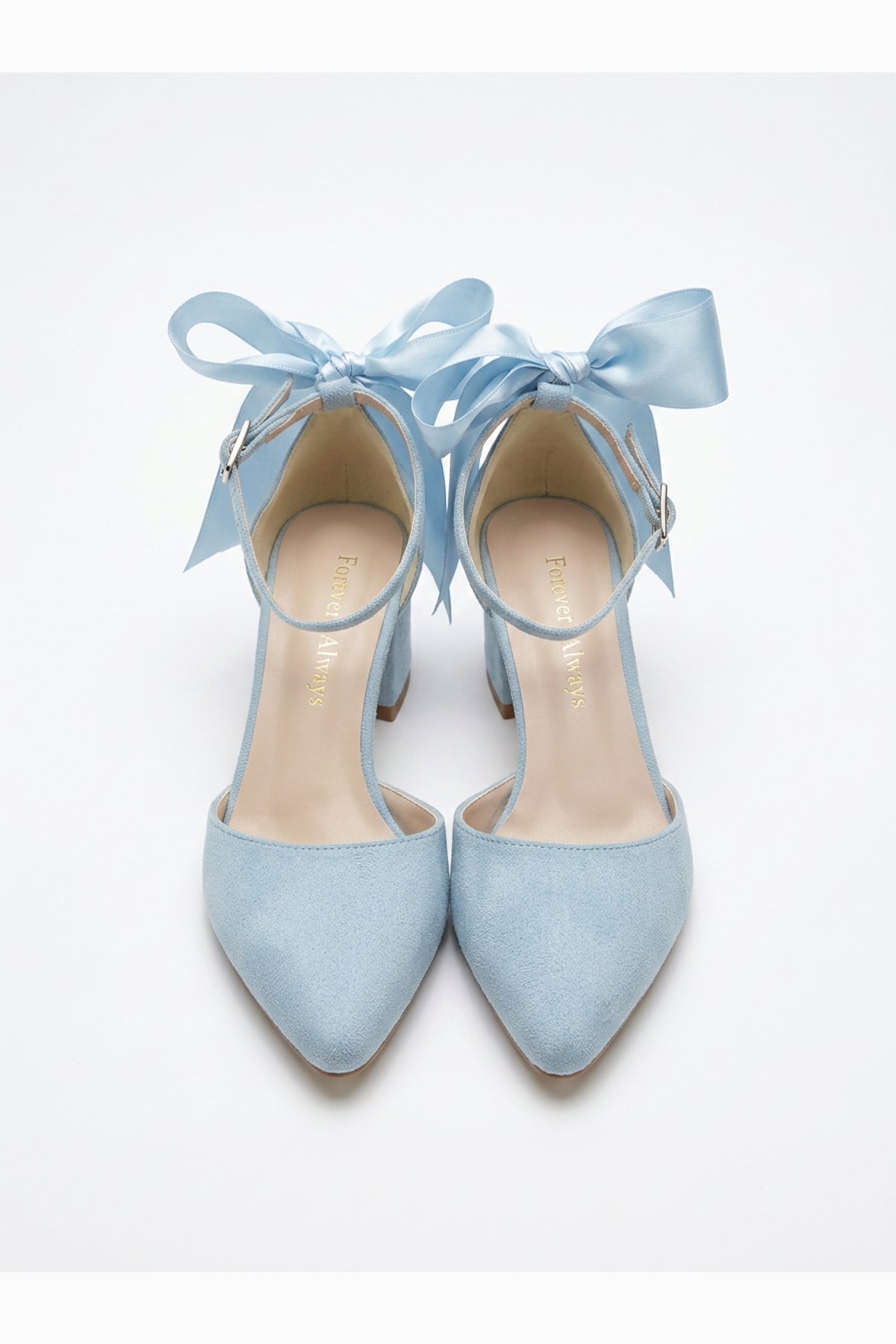 Arielle Baby Blue Suede Bow Ankle Strap Block Heel Sandal – back view showing bow, satin, suede, SimmiUnique