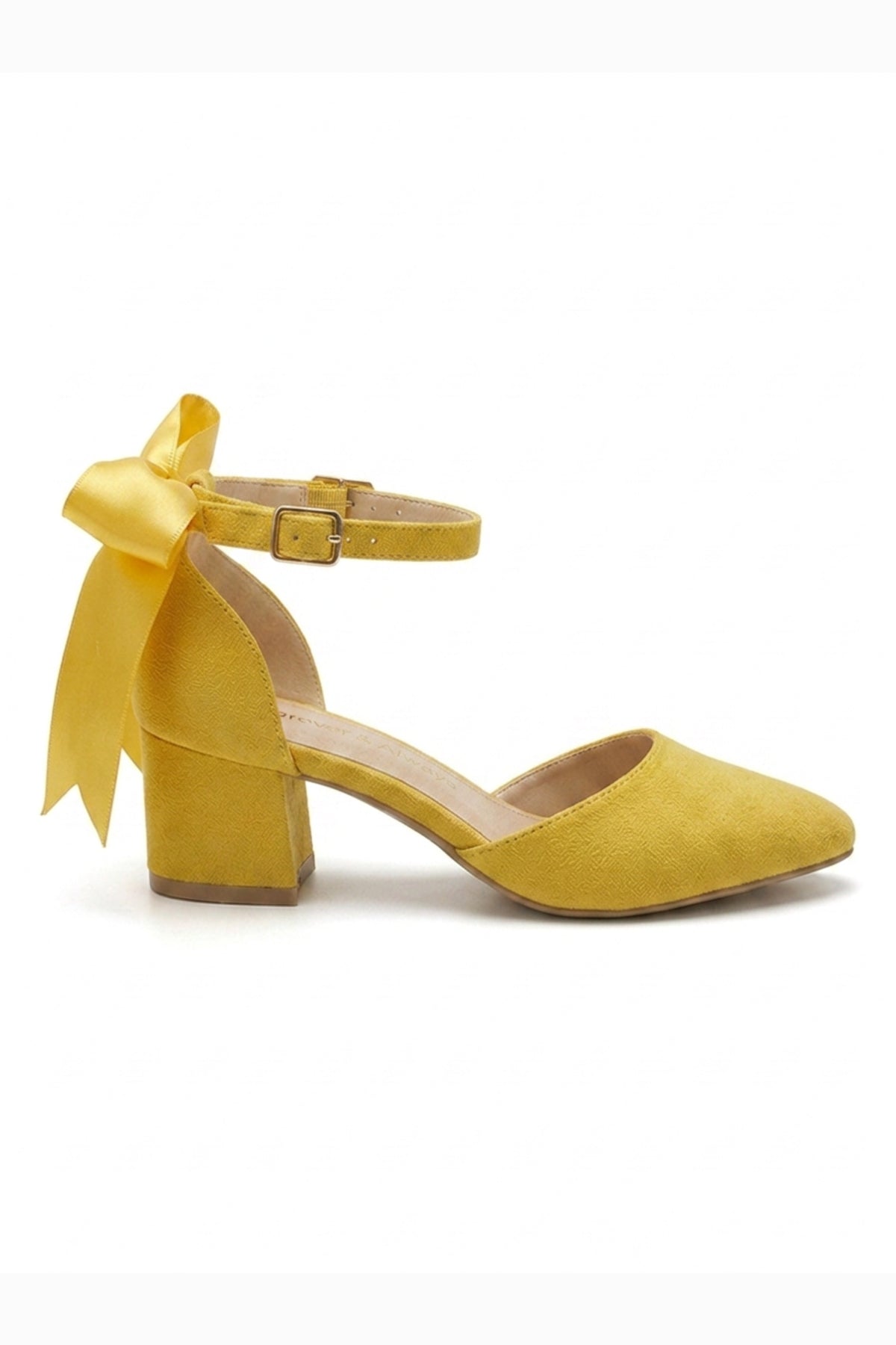 Arielle Yellow Suede Bow Ankle Strap Block Heel Sandal – side view showing bow, satin, suede, SimmiUnique