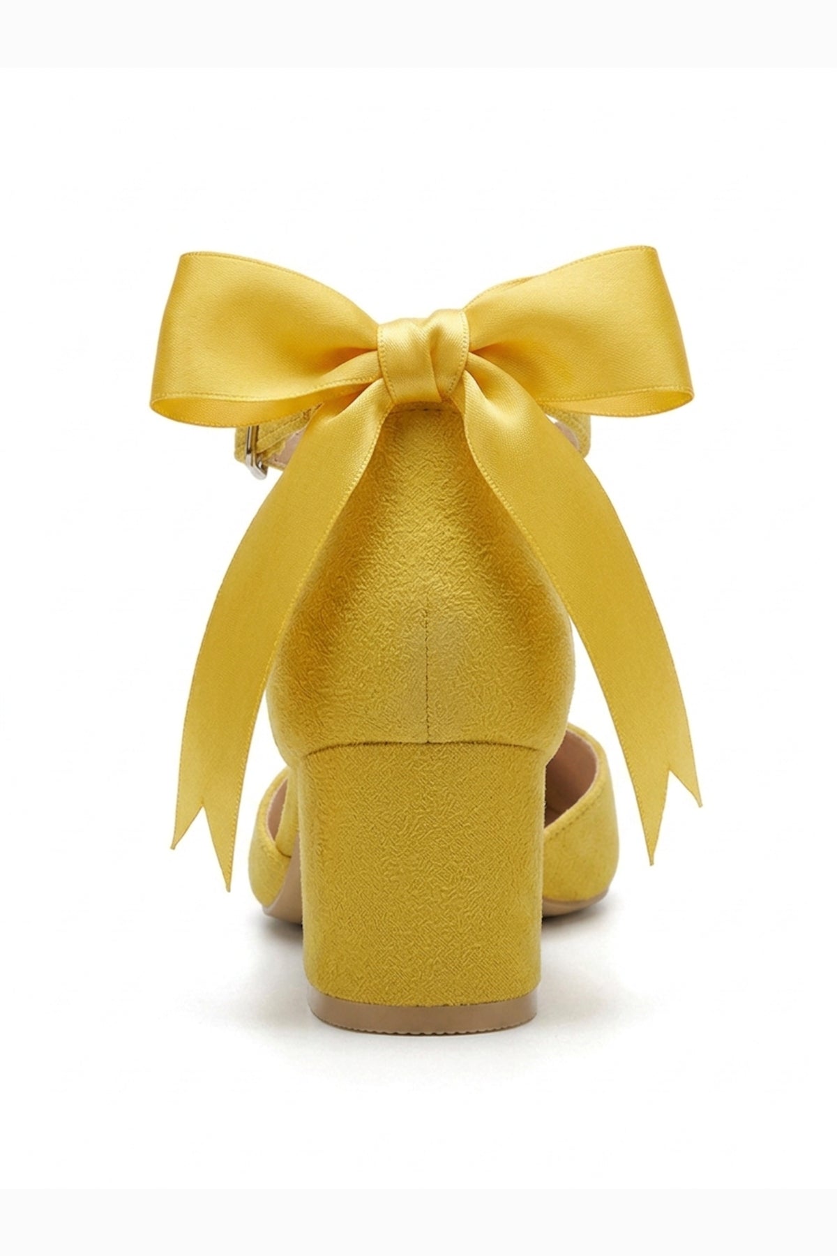 Arielle Yellow Suede Bow Ankle Strap Block Heel Sandal – detail view showing bow, satin, suede, SimmiUnique