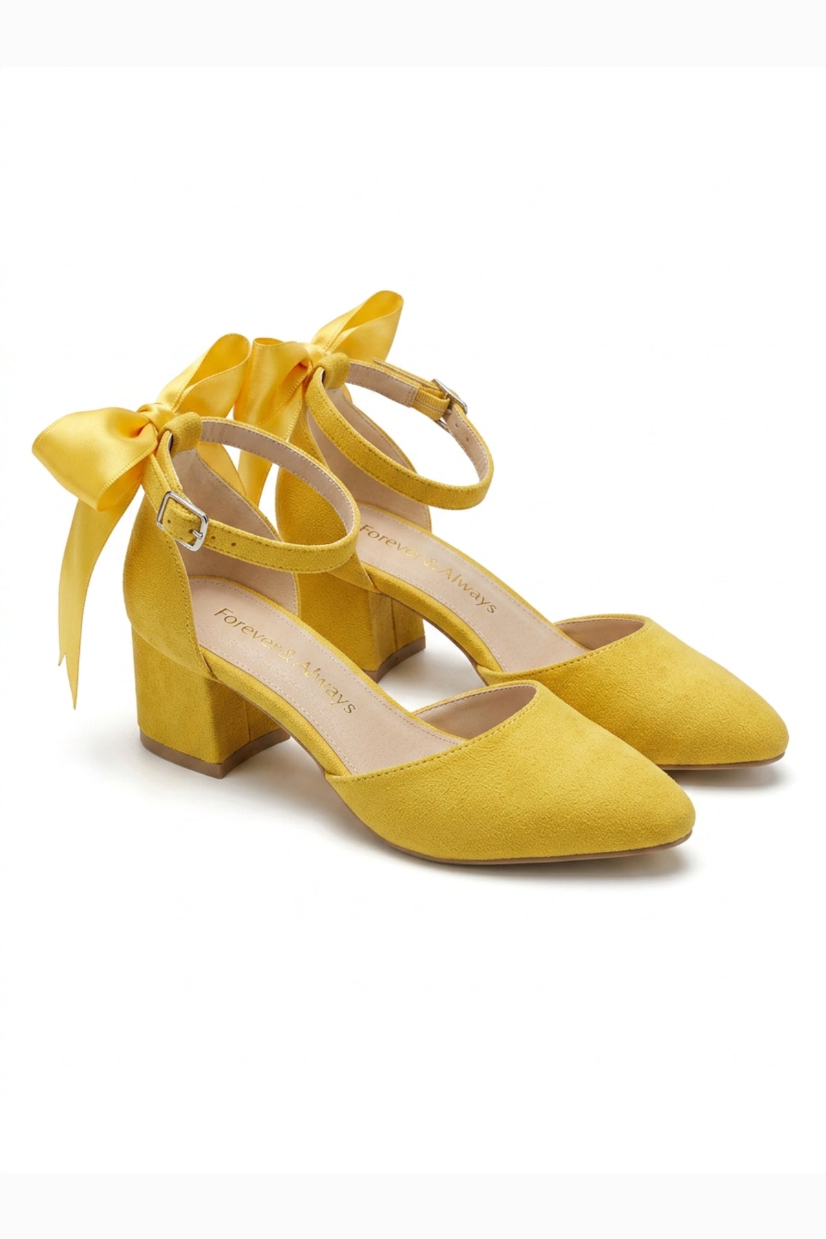 Arielle Yellow Suede Bow Ankle Strap Block Heel Sandal – heel view showing bow, satin, suede, SimmiUnique