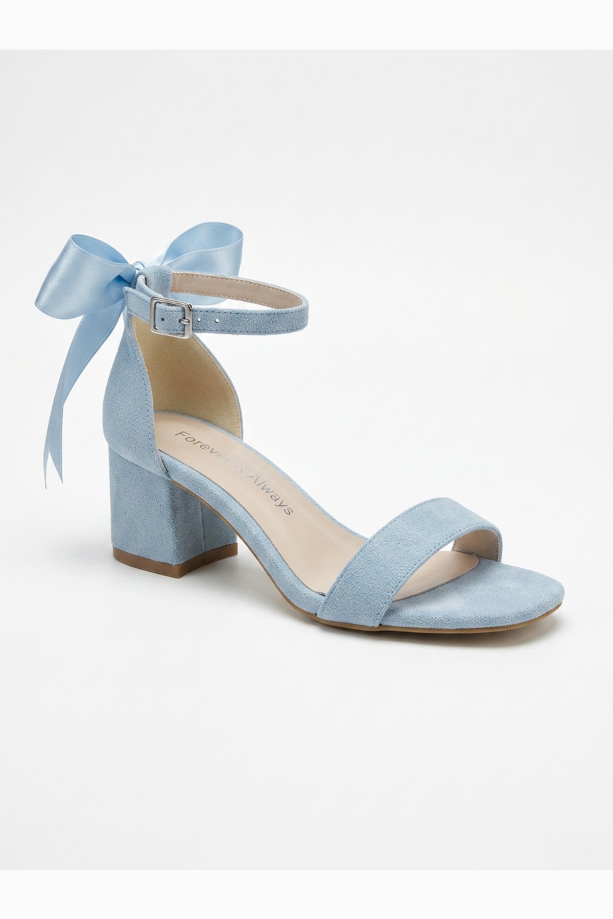 Rochelle Baby Blue Suede Ankle Strap Block Heel Sandal – front three-quarter view showing satin, suede, blue, SimmiUnique