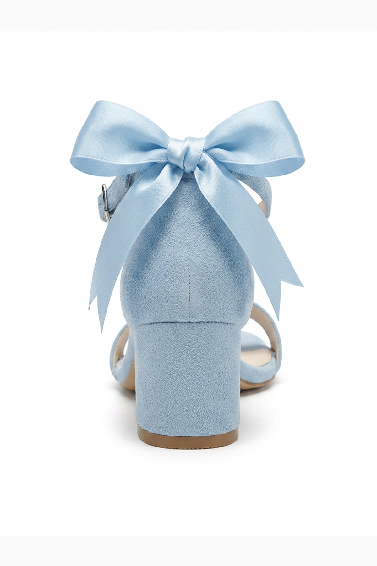 Rochelle Baby Blue Suede Ankle Strap Block Heel Sandal – detail view showing satin, suede, blue, SimmiUnique