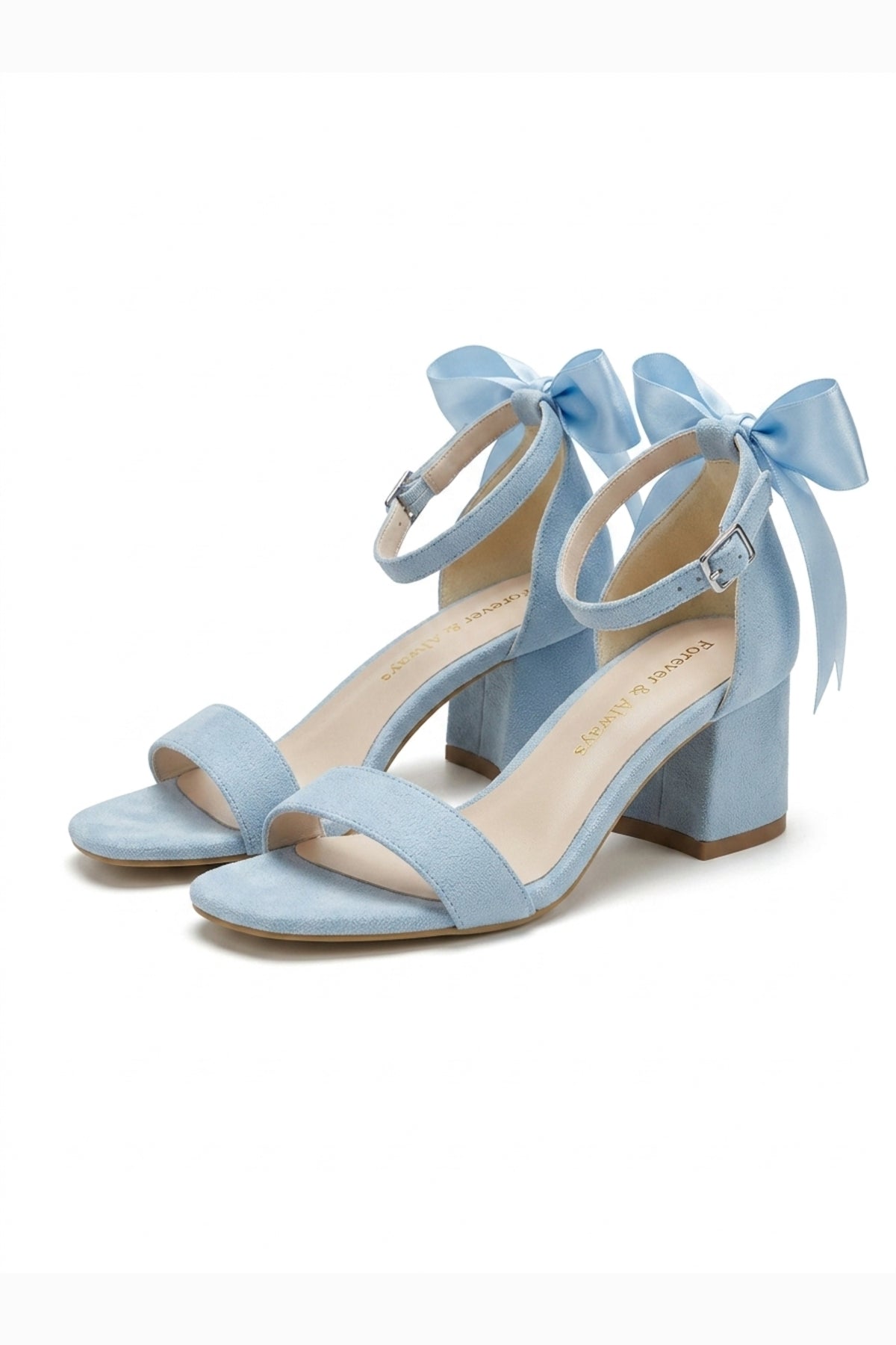 Rochelle Baby Blue Suede Ankle Strap Block Heel Sandal – heel view showing satin, suede, blue, SimmiUnique