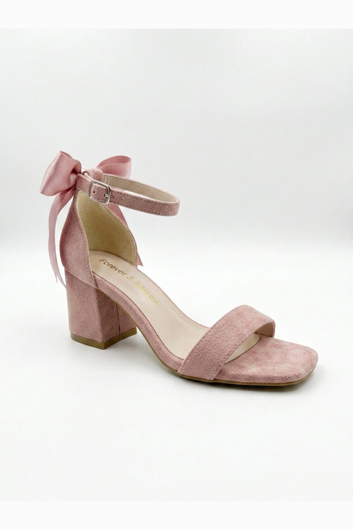 Rochelle Dusty Pink Suede Ankle Strap Block Heel Sandal – front three-quarter view showing satin, suede, pink, SimmiUnique