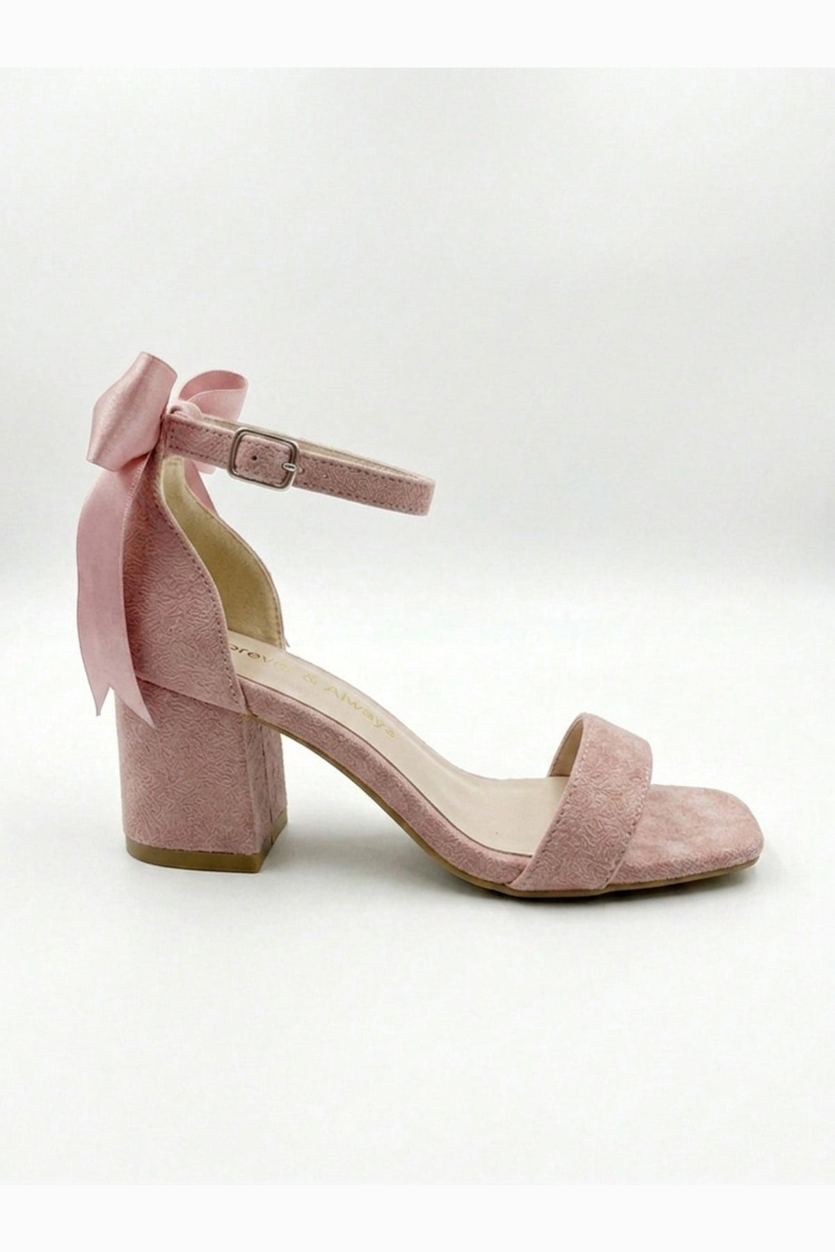 Rochelle Dusty Pink Suede Ankle Strap Block Heel Sandal – side view showing satin, suede, pink, SimmiUnique