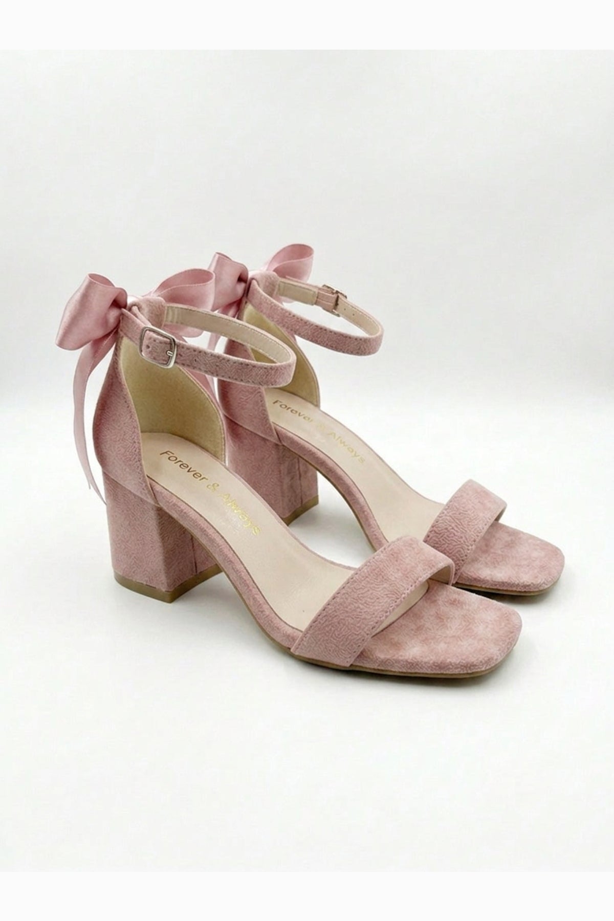 Rochelle Dusty Pink Suede Ankle Strap Block Heel Sandal – heel view showing satin, suede, pink, SimmiUnique