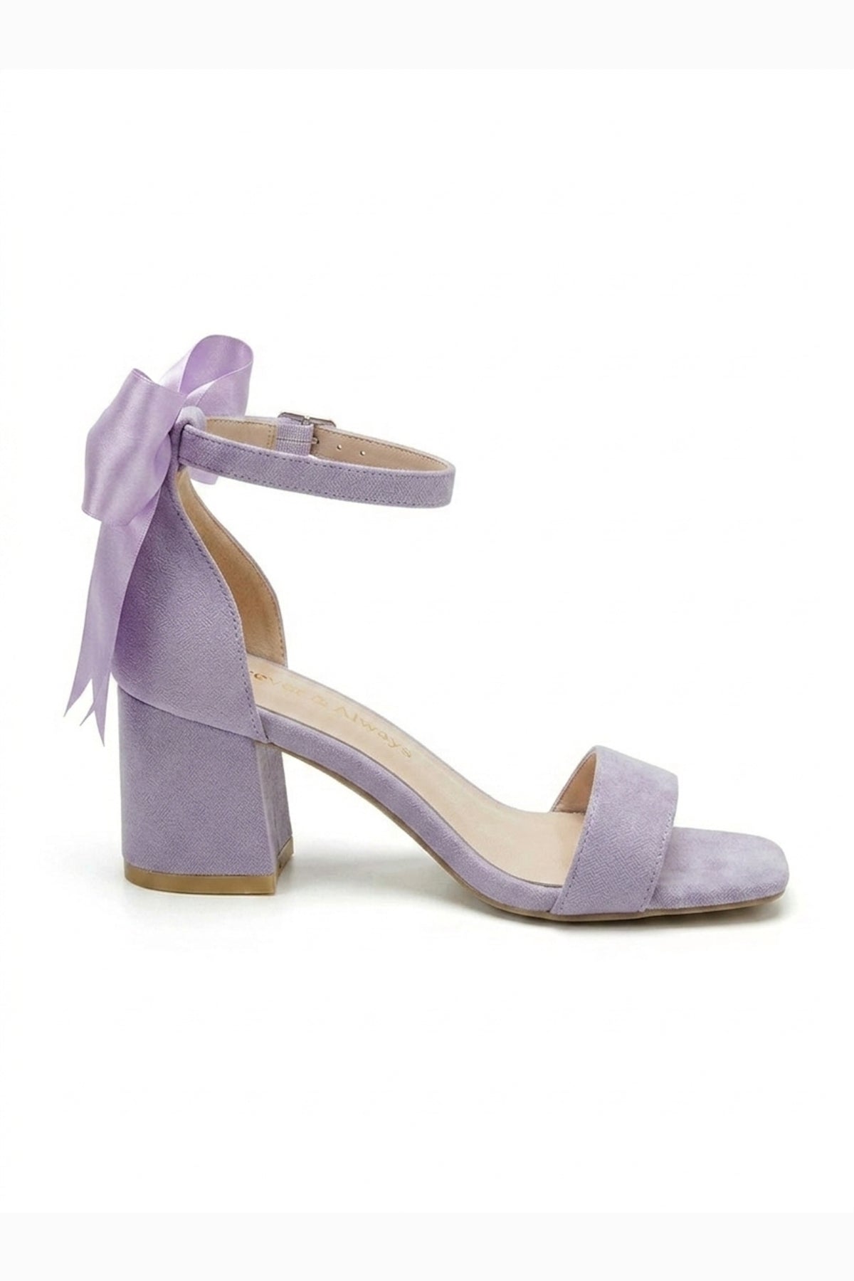 Rochelle Lilac Suede Ankle Strap Block Heel Sandal – side view showing satin, suede, red, SimmiUnique