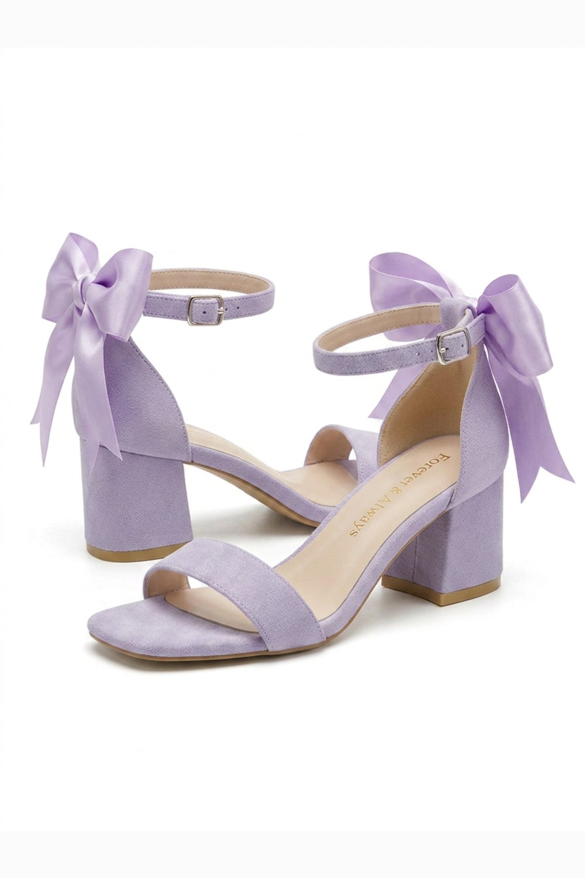 Rochelle Lilac Suede Ankle Strap Block Heel Sandal – heel view showing satin, suede, red, SimmiUnique