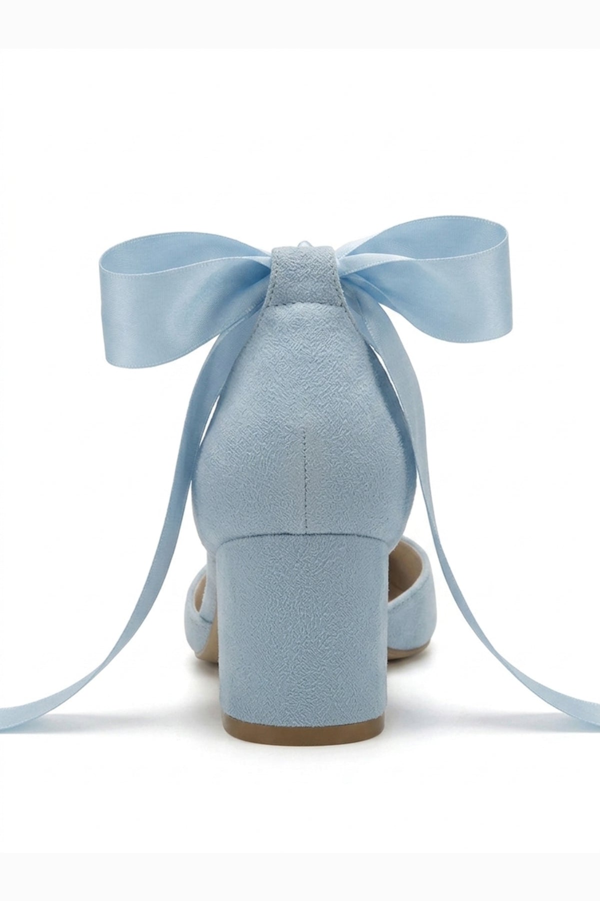 Fiona - Baby Blue Suede Heels With Satin Ribbon – detail view showing bow, satin, suede, SimmiUnique