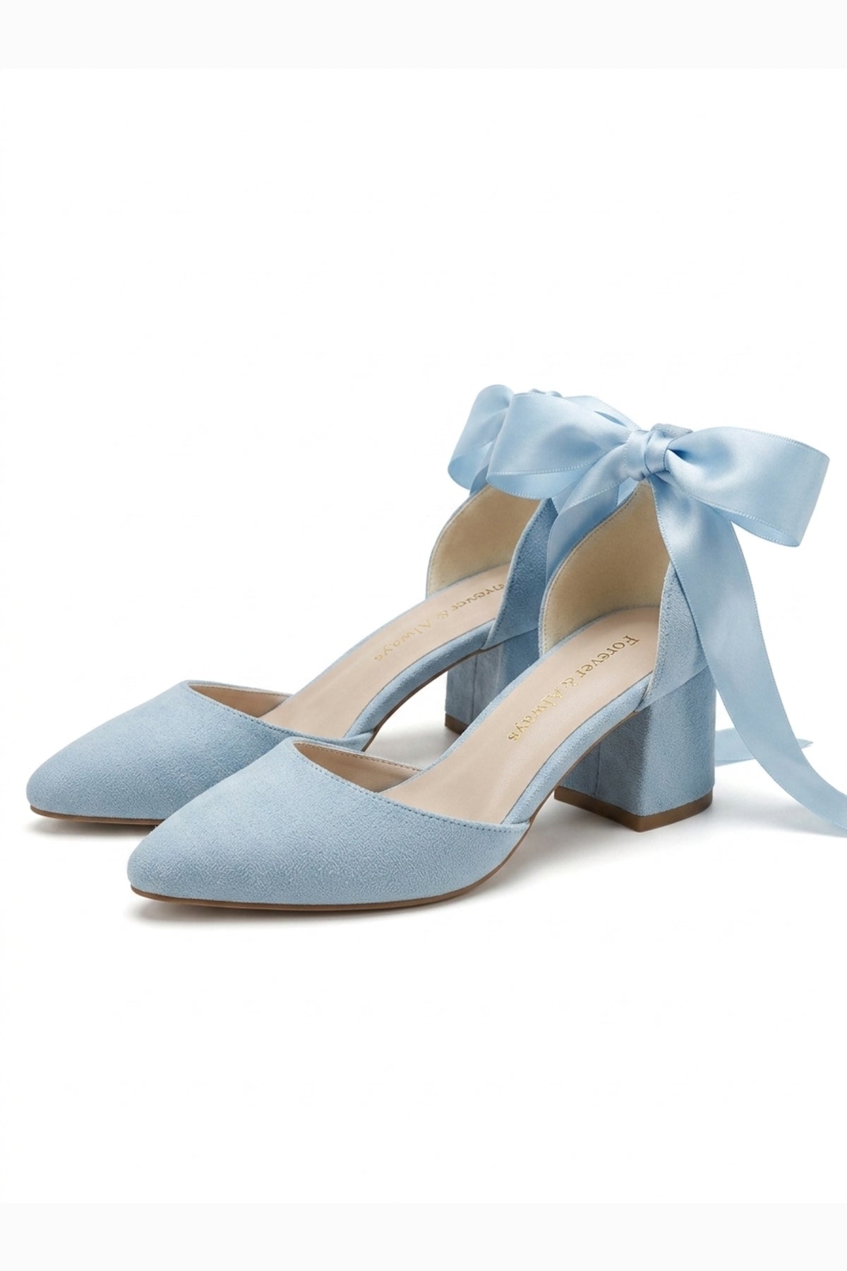 Fiona - Baby Blue Suede Heels With Satin Ribbon – heel view showing bow, satin, suede, SimmiUnique