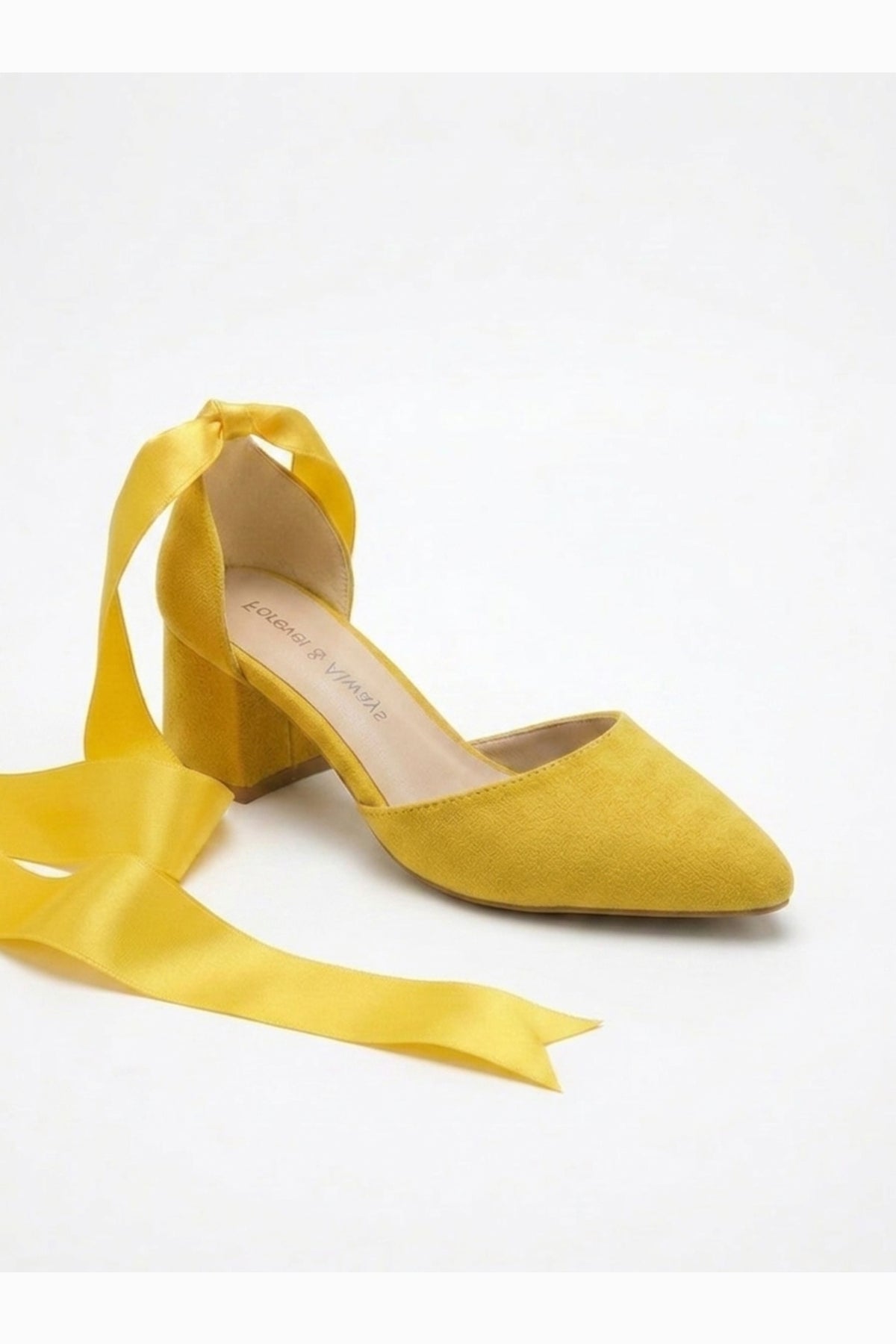 Fiona - Yellow Suede Heels With Satin Ribbon – front three-quarter view showing bow, satin, suede, SimmiUnique