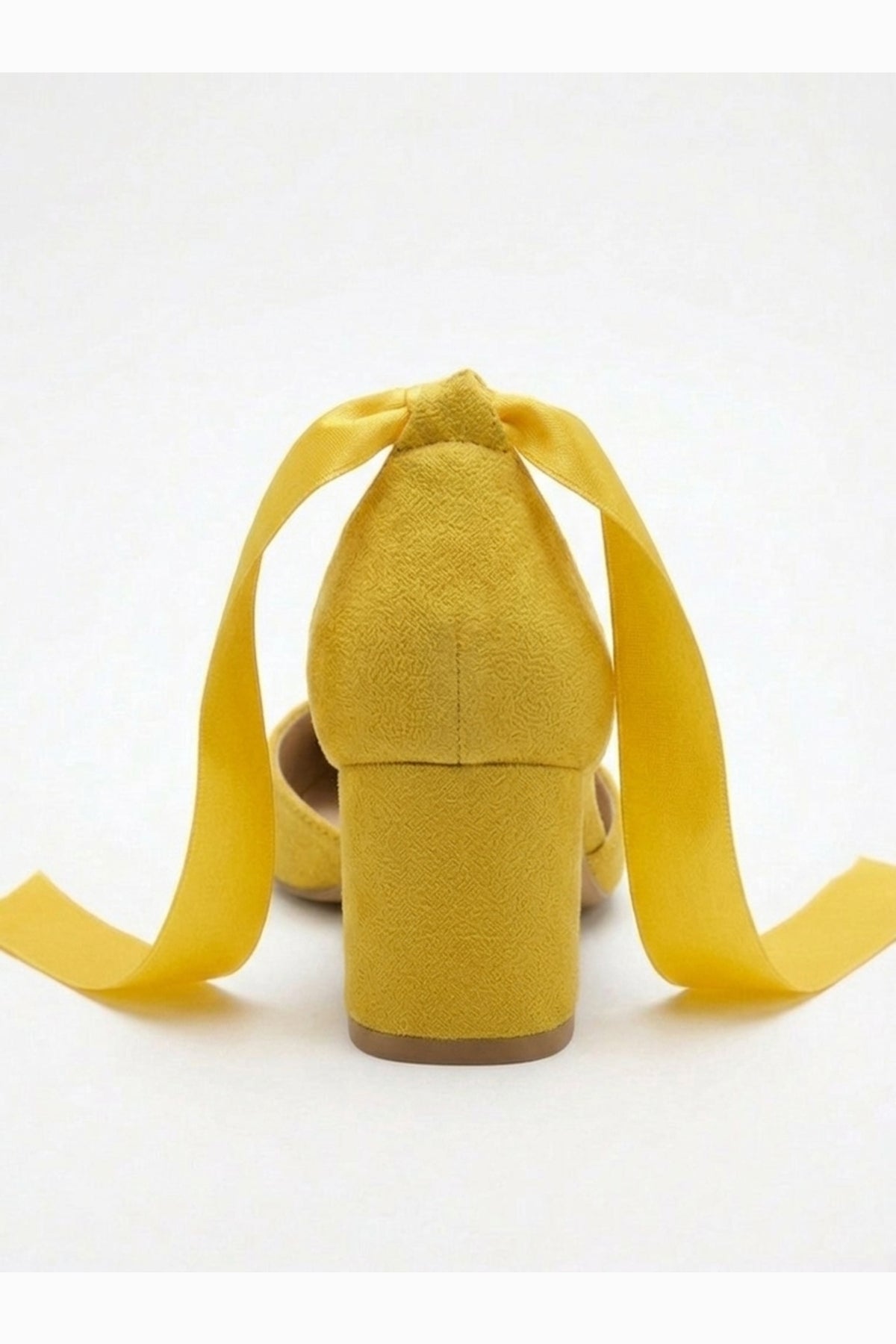 Fiona - Yellow Suede Heels With Satin Ribbon – detail view showing bow, satin, suede, SimmiUnique