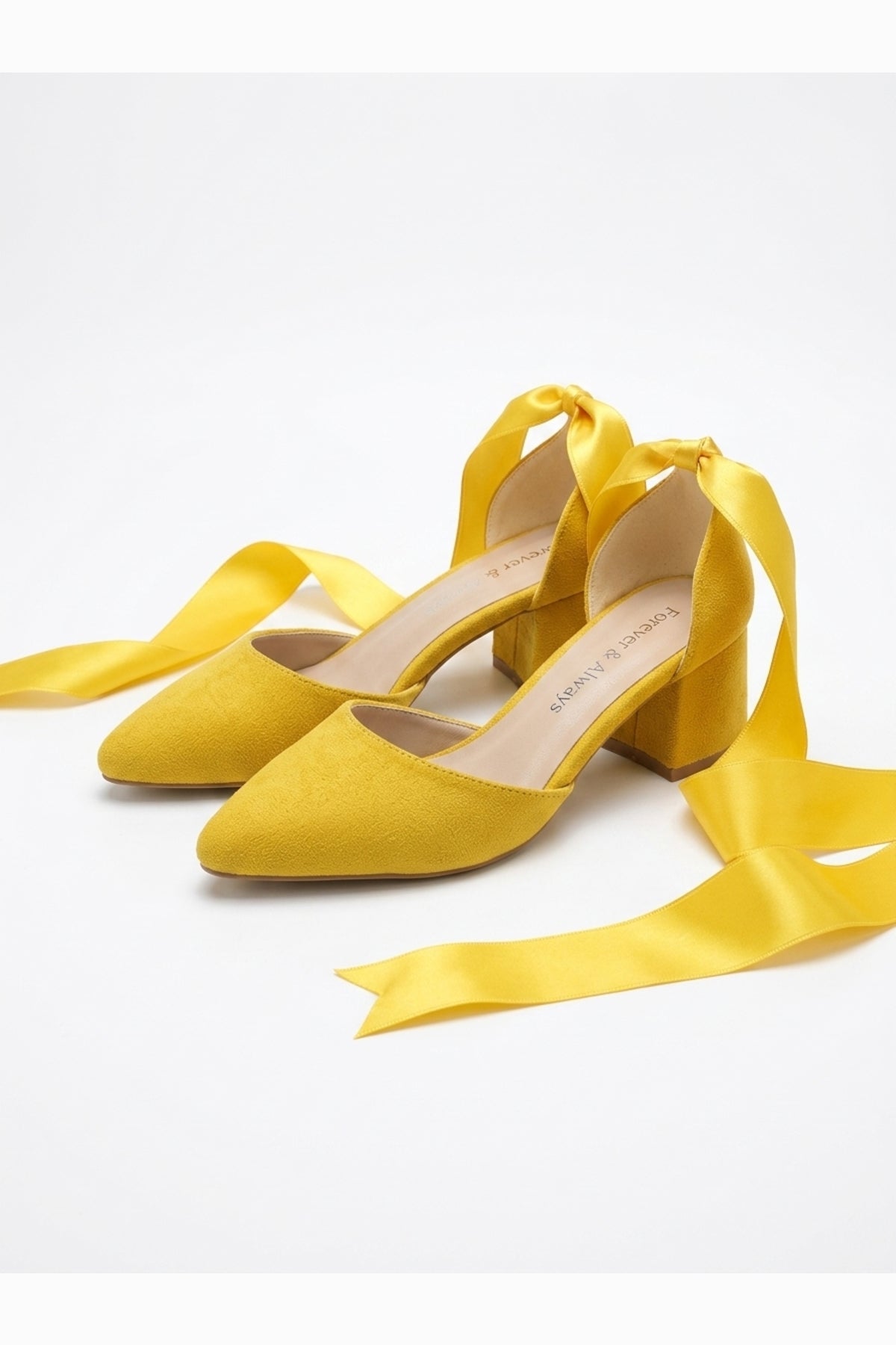 Fiona - Yellow Suede Heels With Satin Ribbon – heel view showing bow, satin, suede, SimmiUnique