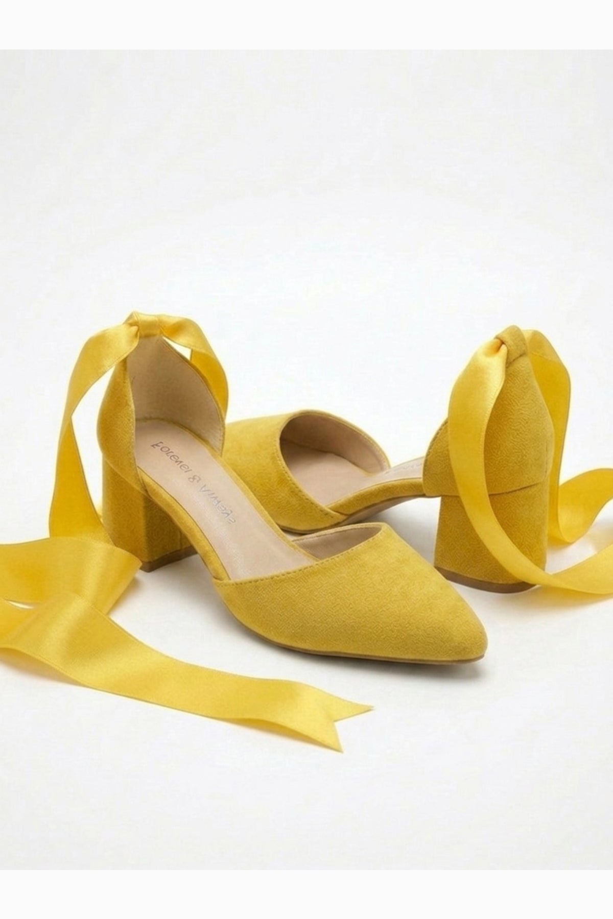 Fiona - Yellow Suede Heels With Satin Ribbon – back view showing bow, satin, suede, SimmiUnique