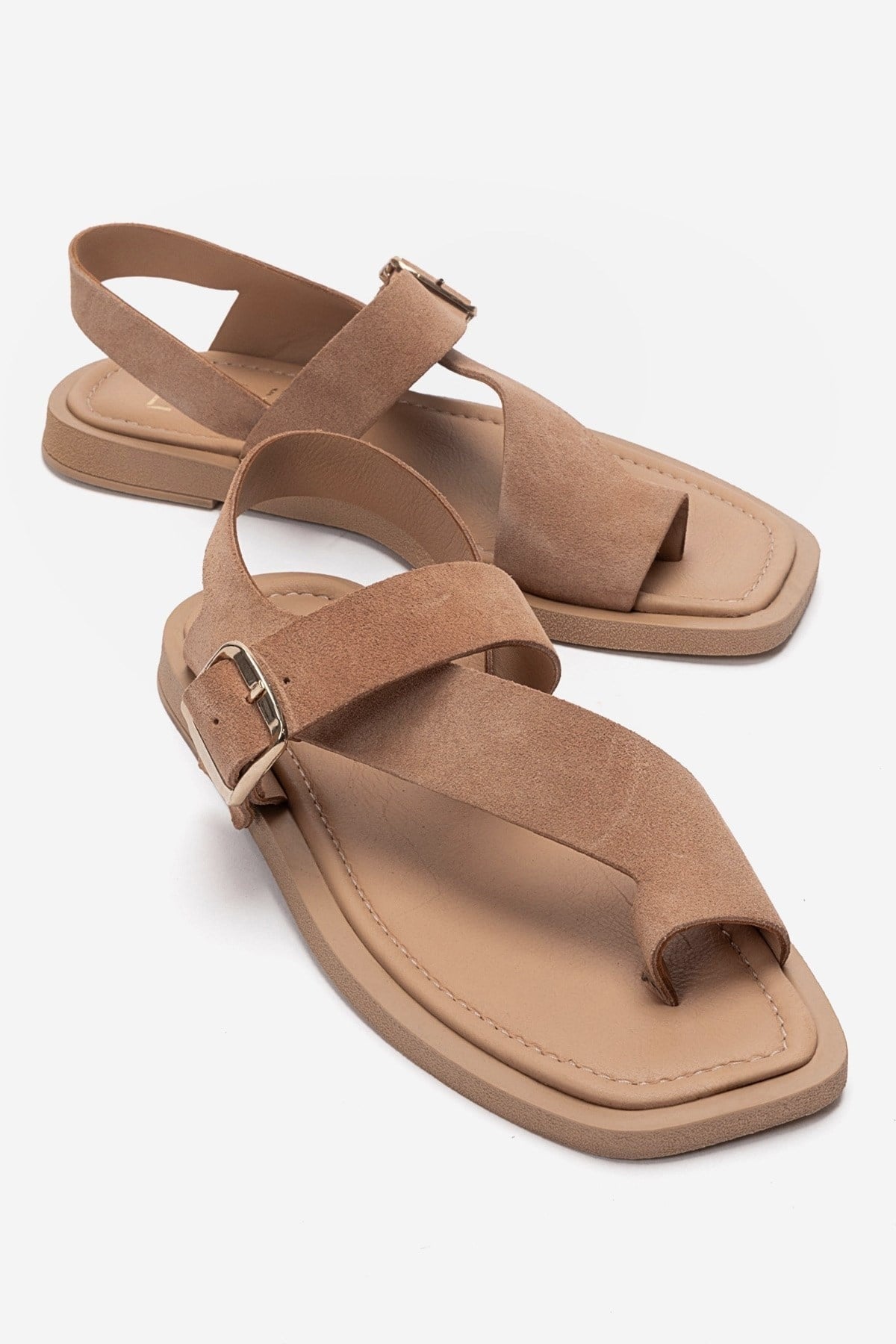 CURRY - Taupe Genuine Leather Toe-Post Sandal – front three-quarter view showing leather, suede, red, SimmiUnique