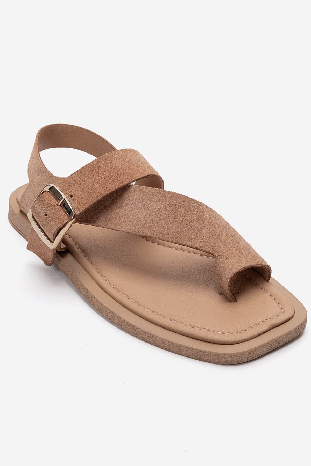 CURRY - Taupe Genuine Leather Toe-Post Sandal – detail view showing leather, suede, red, SimmiUnique