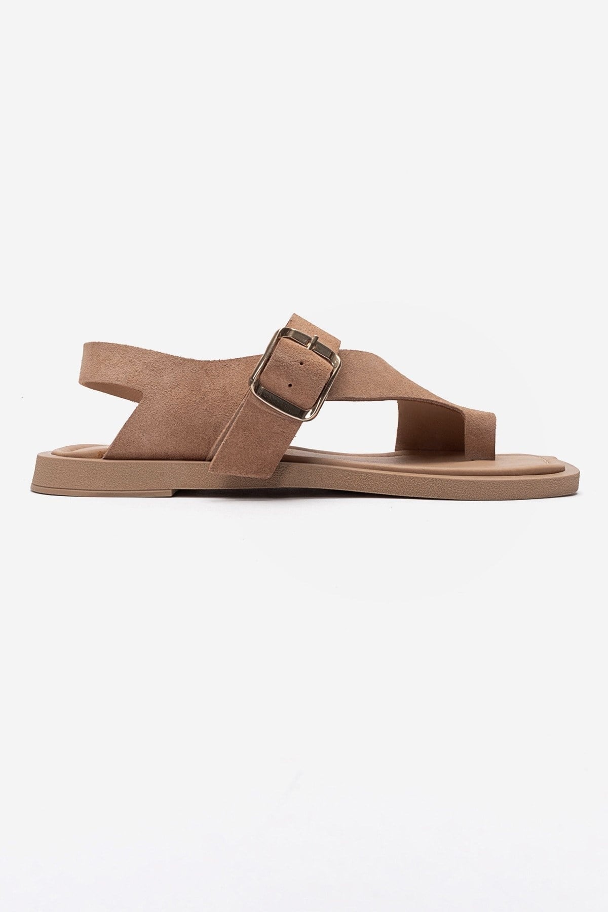 CURRY - Taupe Genuine Leather Toe-Post Sandal – heel view showing leather, suede, red, SimmiUnique