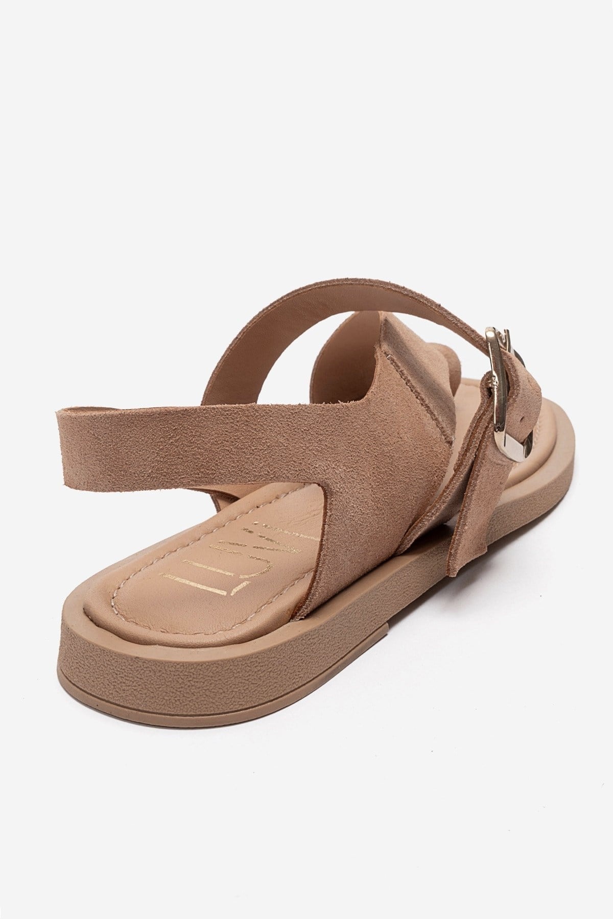 CURRY - Taupe Genuine Leather Toe-Post Sandal – back view showing leather, suede, red, SimmiUnique