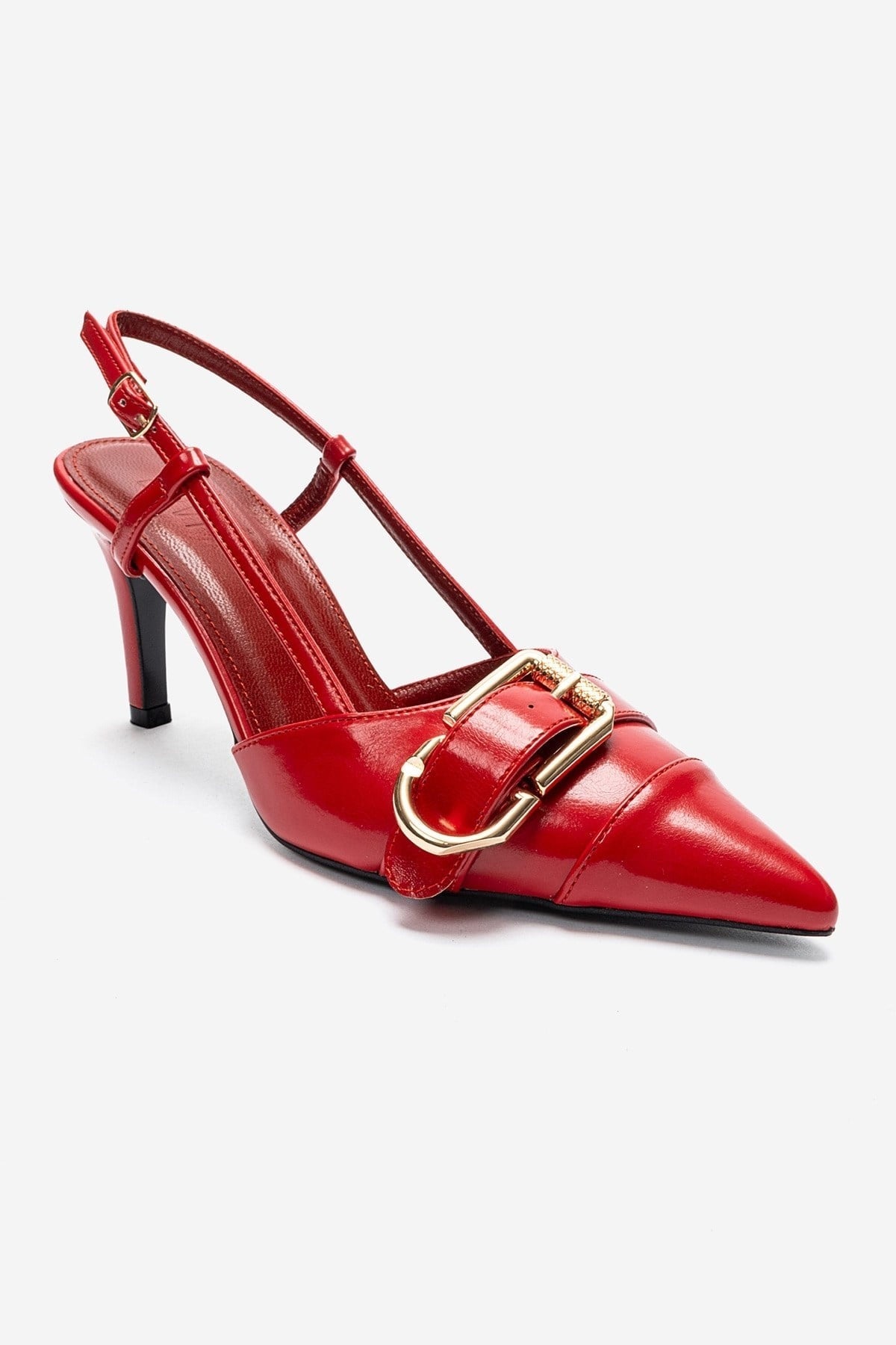 NOEN - Red Buckled Pointed Toe Stiletto Pump – detail view showing leather, red, SimmiUnique