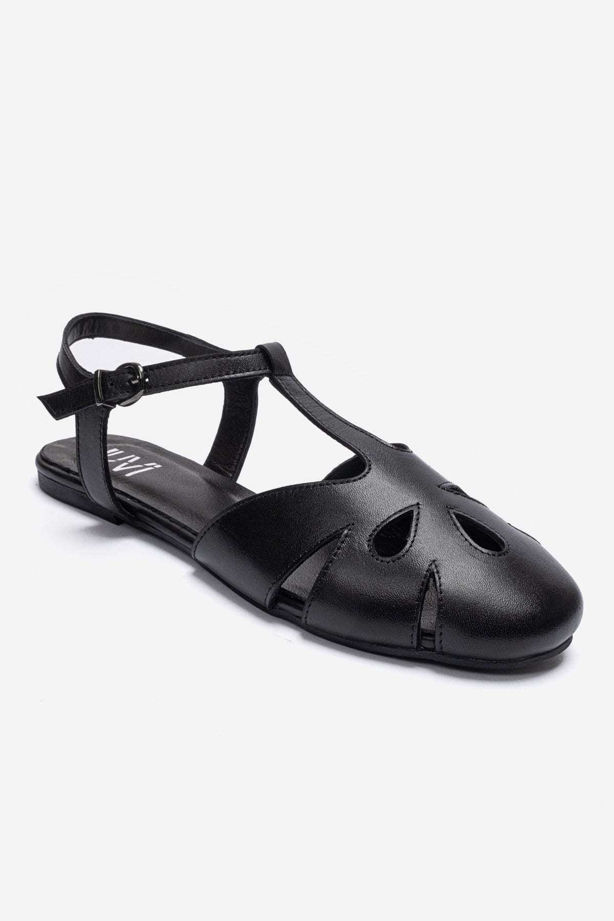 NATHALIE - Black Genuine Leather Ankle-Strap Flat Sandal – detail view showing leather, black, SimmiUnique