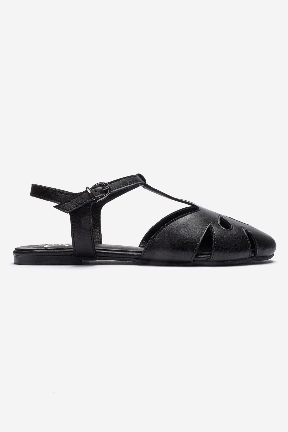NATHALIE - Black Genuine Leather Ankle-Strap Flat Sandal – heel view showing leather, black, SimmiUnique