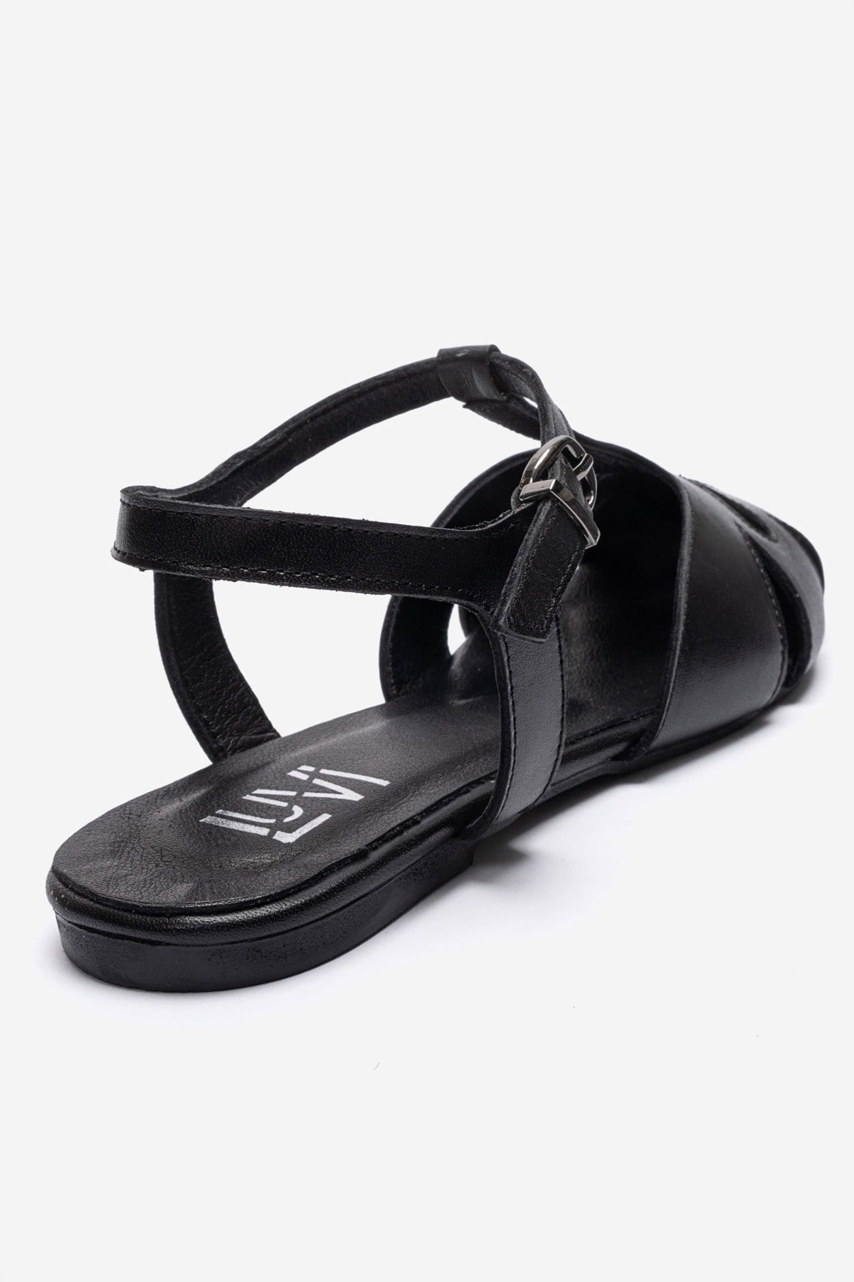 NATHALIE - Black Genuine Leather Ankle-Strap Flat Sandal – back view showing leather, black, SimmiUnique