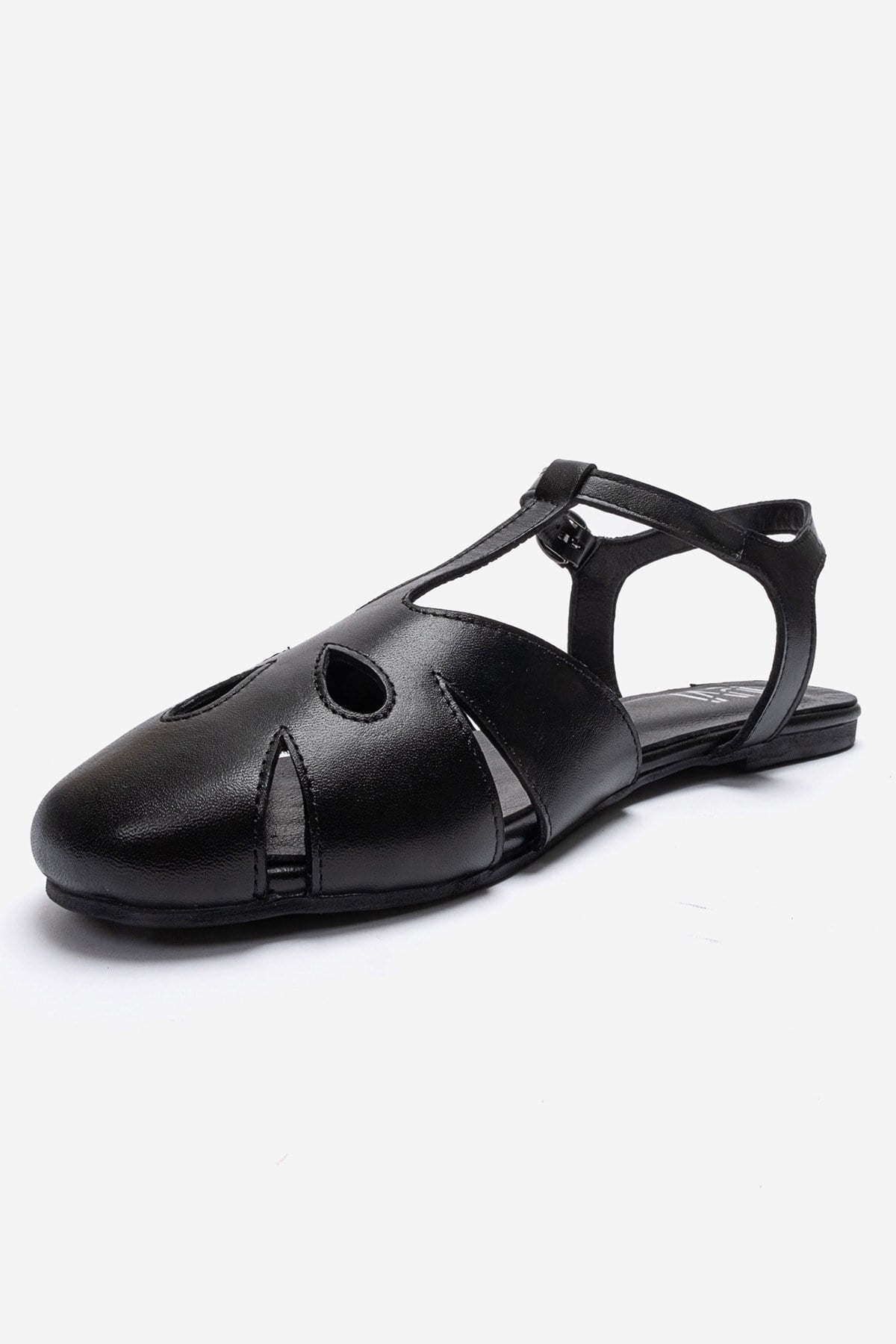 NATHALIE - Black Genuine Leather Ankle-Strap Flat Sandal – top view showing leather, black, SimmiUnique