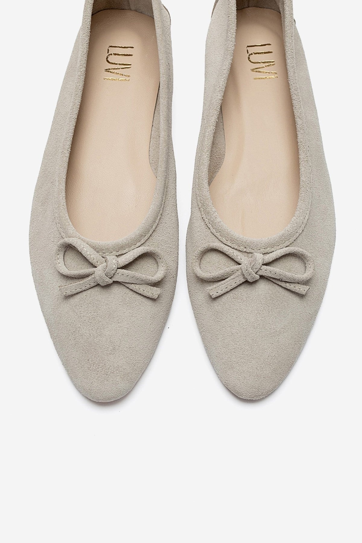 UMIEL - Beige Genuine Leather Bow Ballet Flat – side view showing bow, leather, suede, SimmiUnique