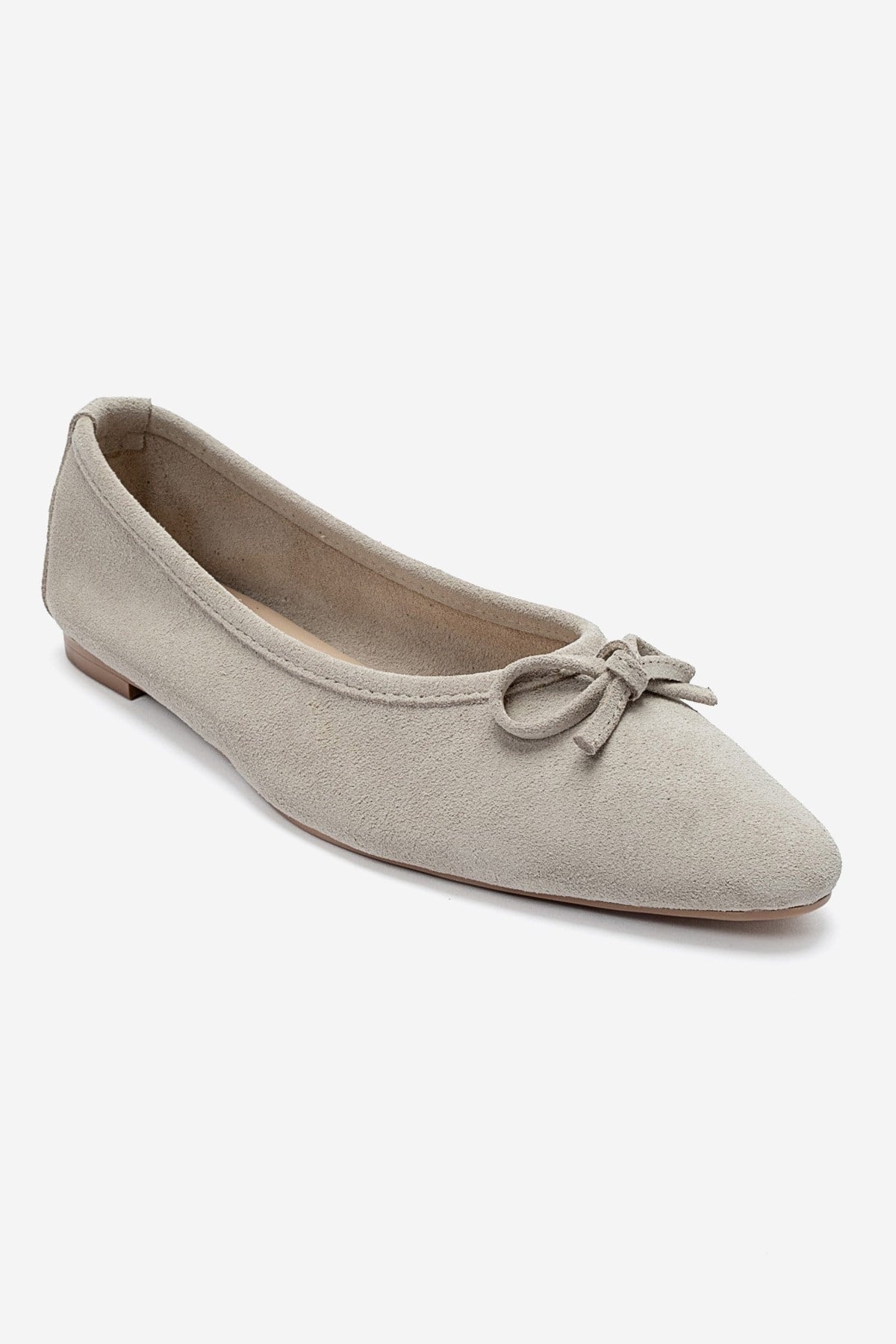 UMIEL - Beige Genuine Leather Bow Ballet Flat – detail view showing bow, leather, suede, SimmiUnique