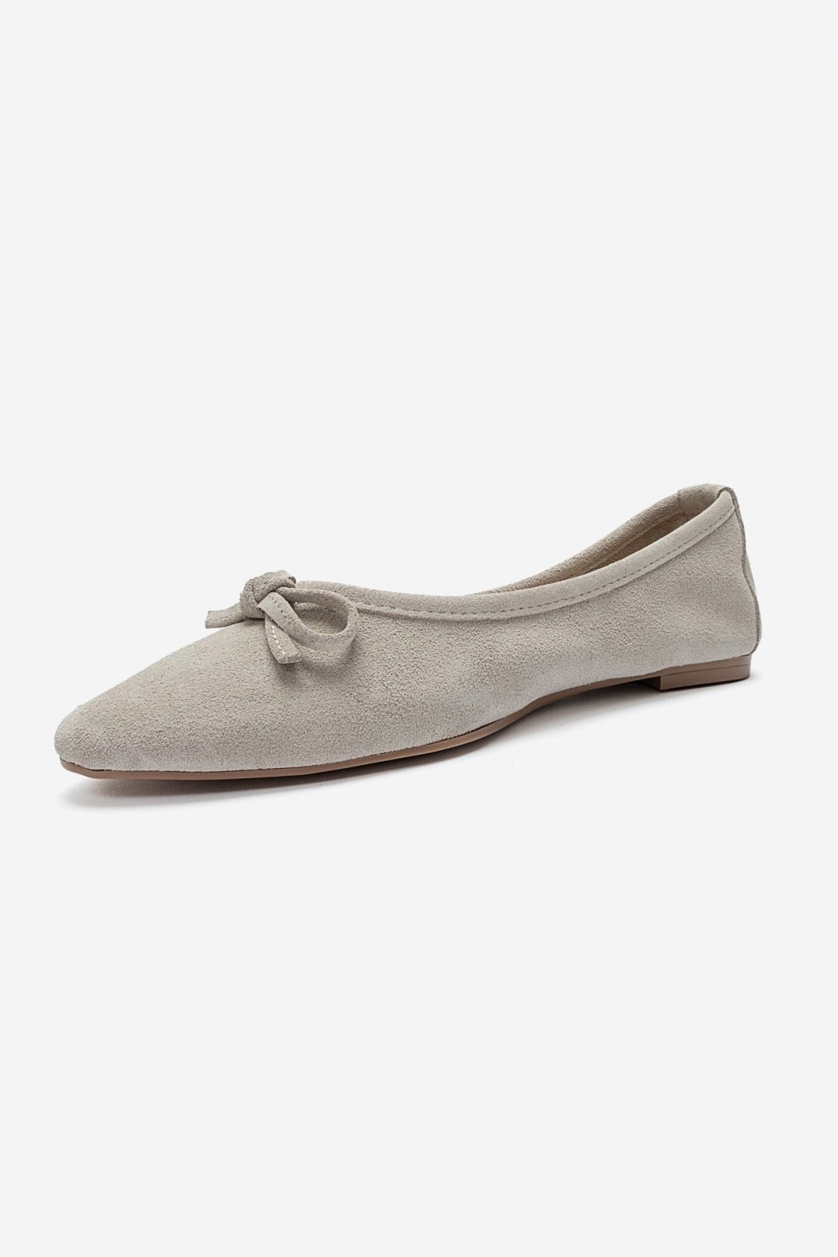 UMIEL - Beige Genuine Leather Bow Ballet Flat – top view showing bow, leather, suede, SimmiUnique