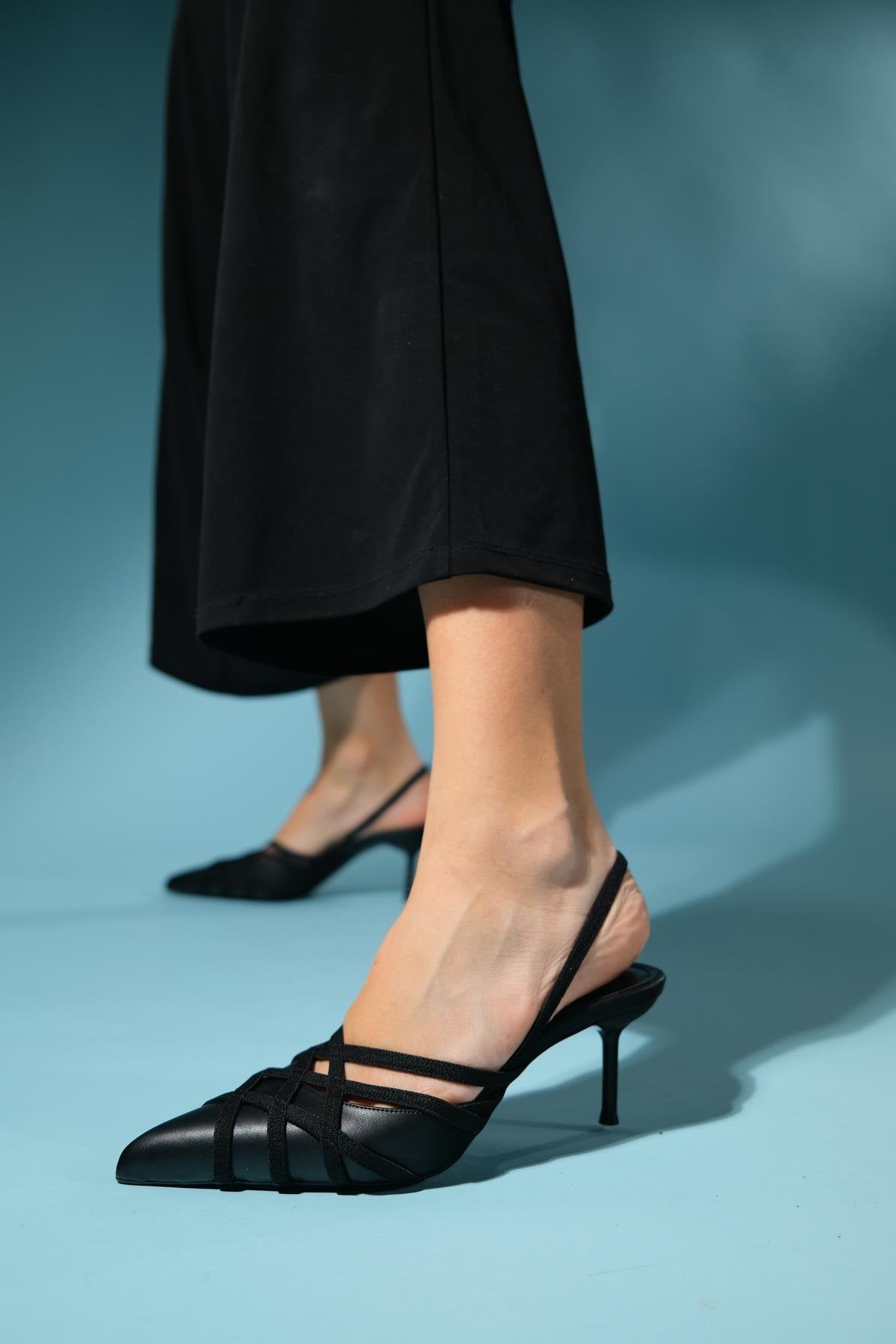 March - Black Slim Heel Pump – heel view showing leather, black, SimmiUnique