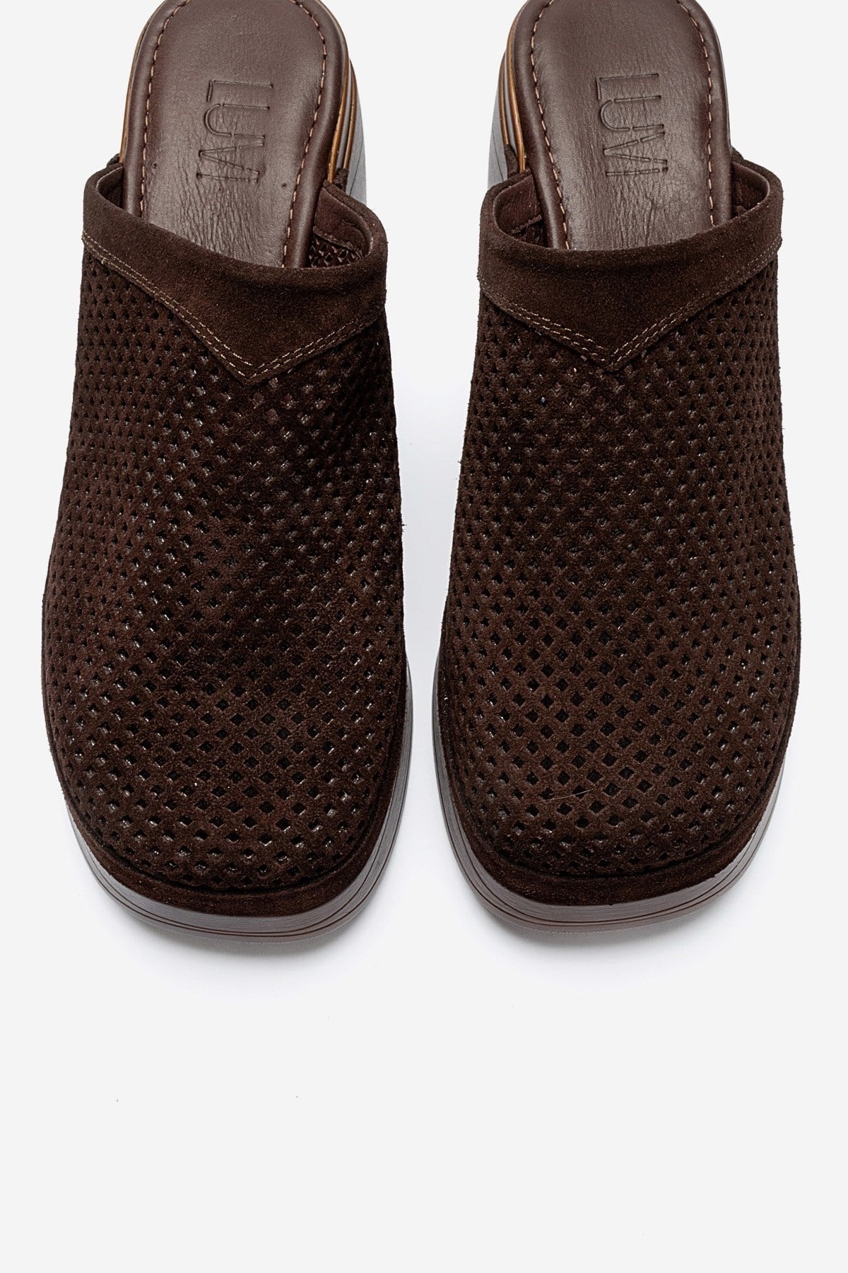 DEJAS - Brown Genuine Suede Leather Block Heel Slide – side view showing leather, suede, SimmiUnique