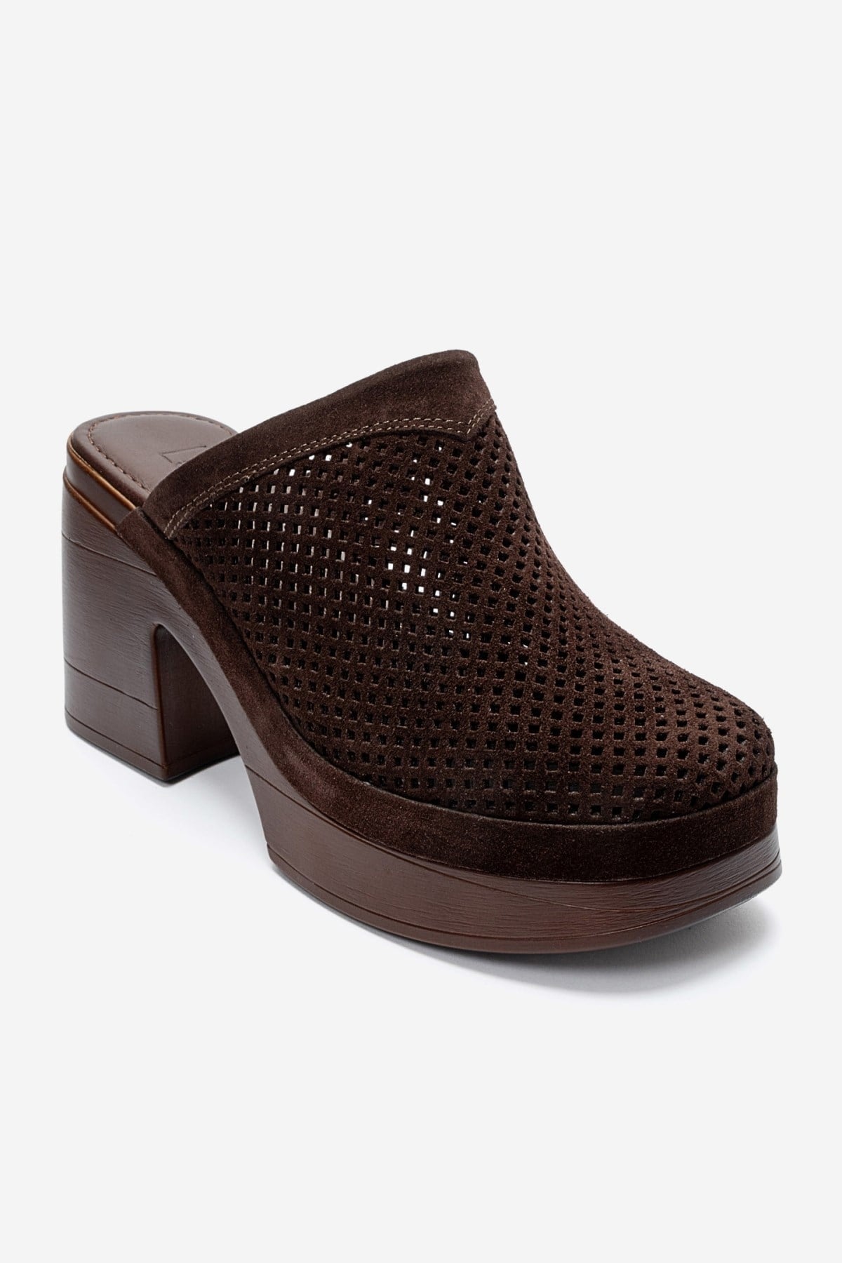 DEJAS - Brown Genuine Suede Leather Block Heel Slide – detail view showing leather, suede, SimmiUnique