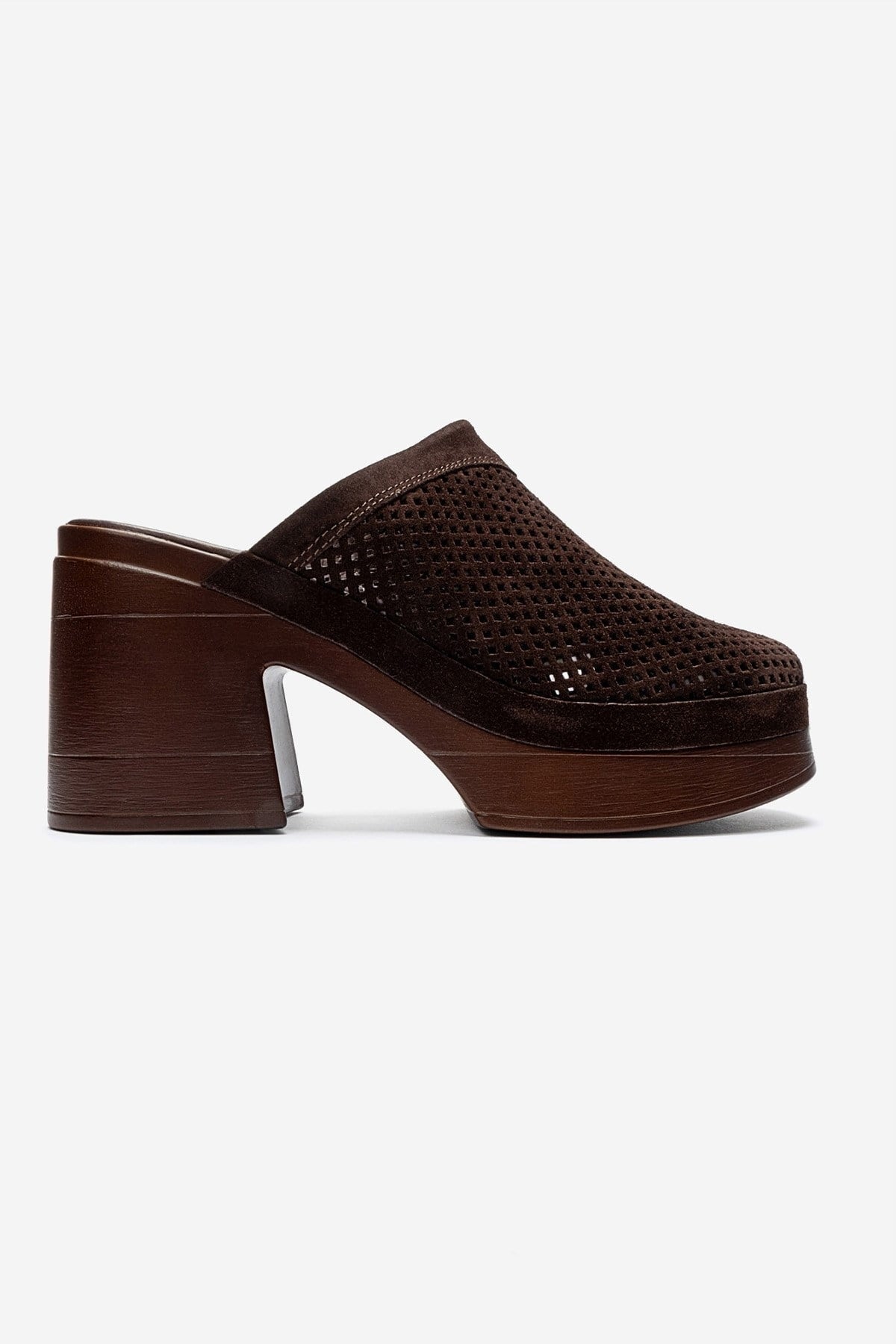 DEJAS - Brown Genuine Suede Leather Block Heel Slide – heel view showing leather, suede, SimmiUnique
