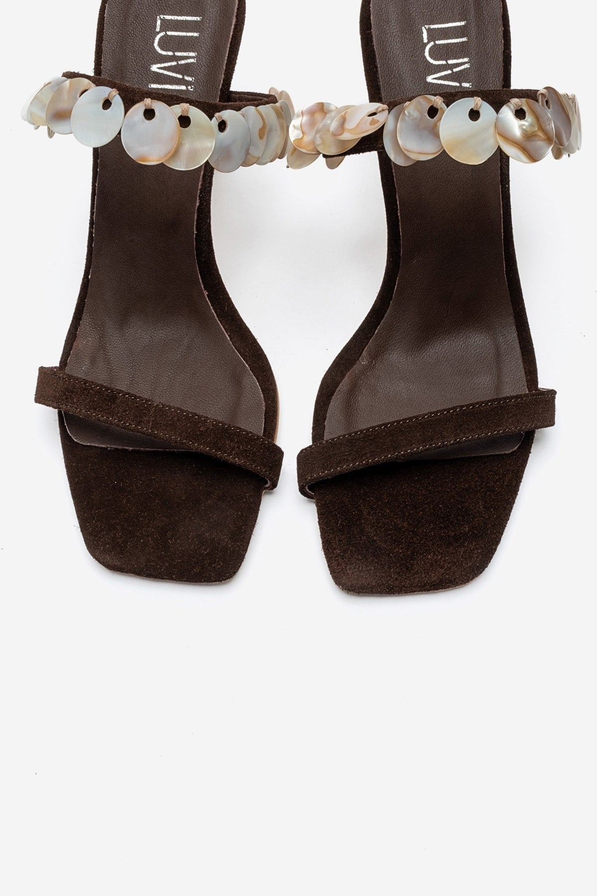 ARUND - Brown Genuine Leather Stiletto Heel Slide – side view showing leather, suede, red, SimmiUnique