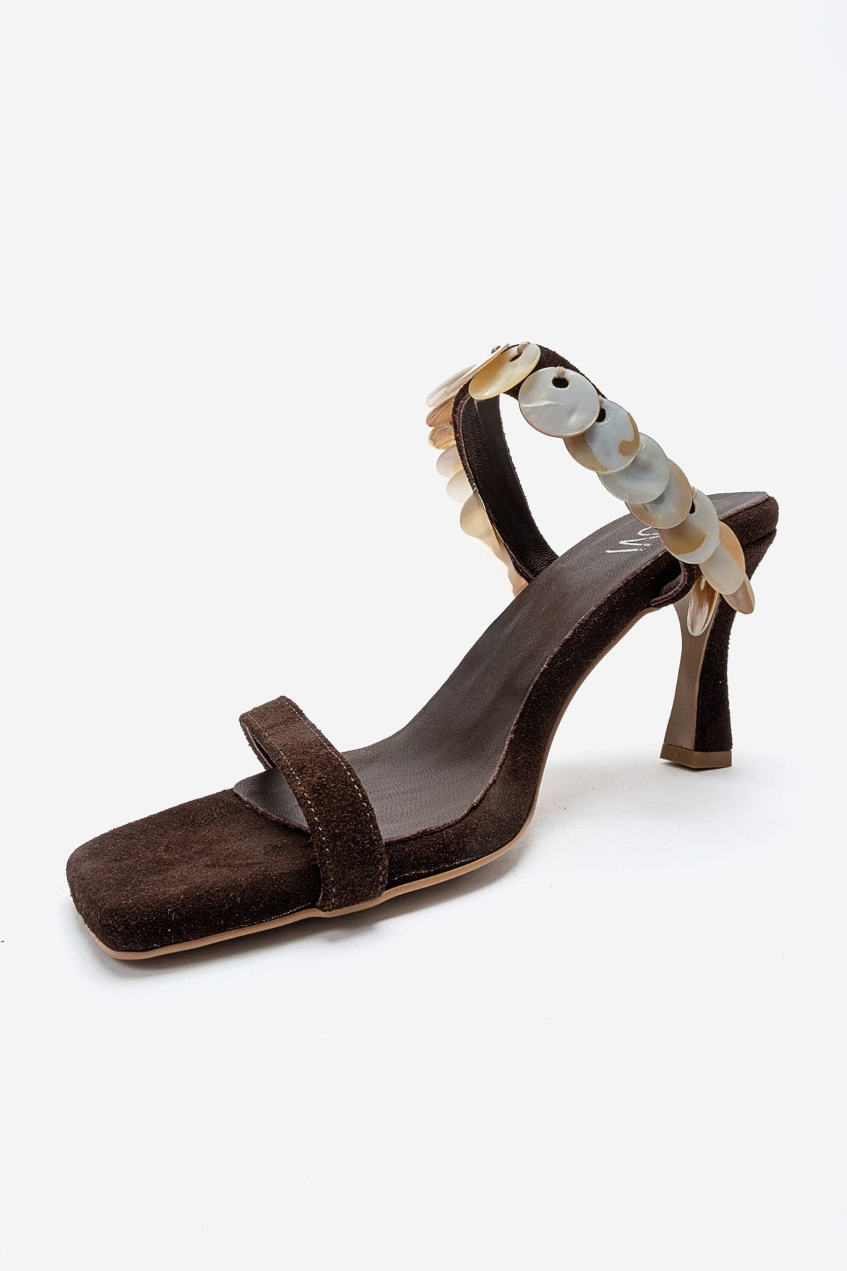 ARUND - Brown Genuine Leather Stiletto Heel Slide – top view showing leather, suede, red, SimmiUnique