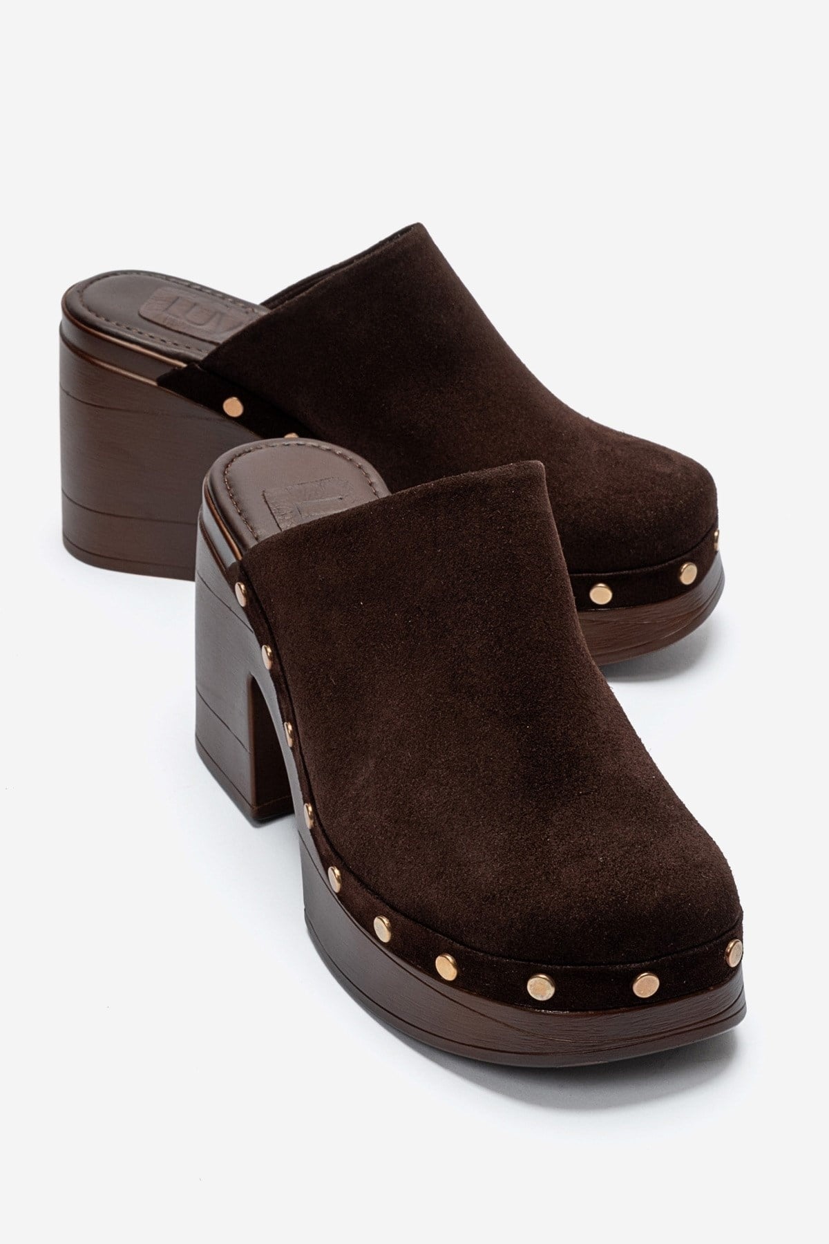BELLUNE - Brown Genuine Leather Platform Block Heel Mule – front three-quarter view showing leather, suede, SimmiUnique