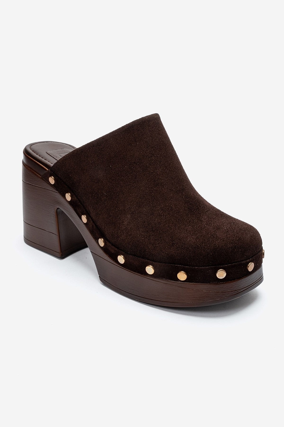 BELLUNE - Brown Genuine Leather Platform Block Heel Mule – detail view showing leather, suede, SimmiUnique