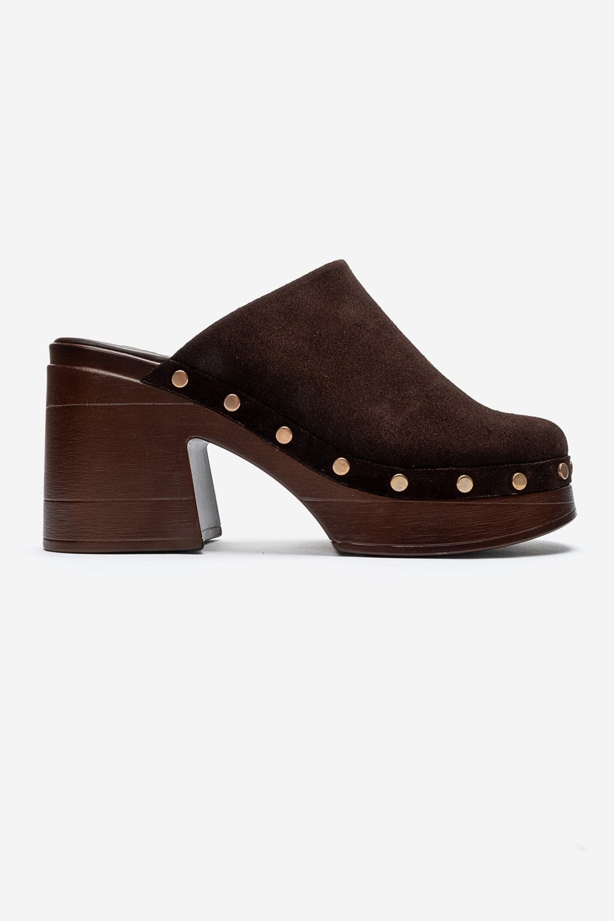BELLUNE - Brown Genuine Leather Platform Block Heel Mule – heel view showing leather, suede, SimmiUnique