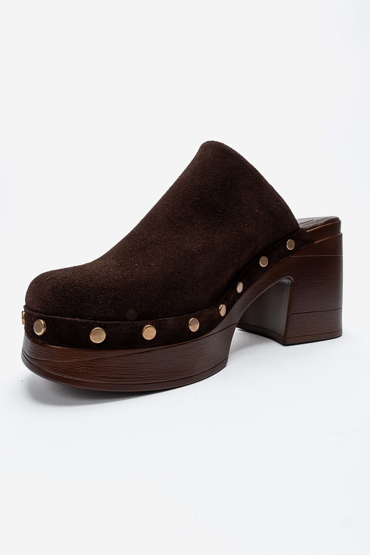 BELLUNE - Brown Genuine Leather Platform Block Heel Mule – top view showing leather, suede, SimmiUnique