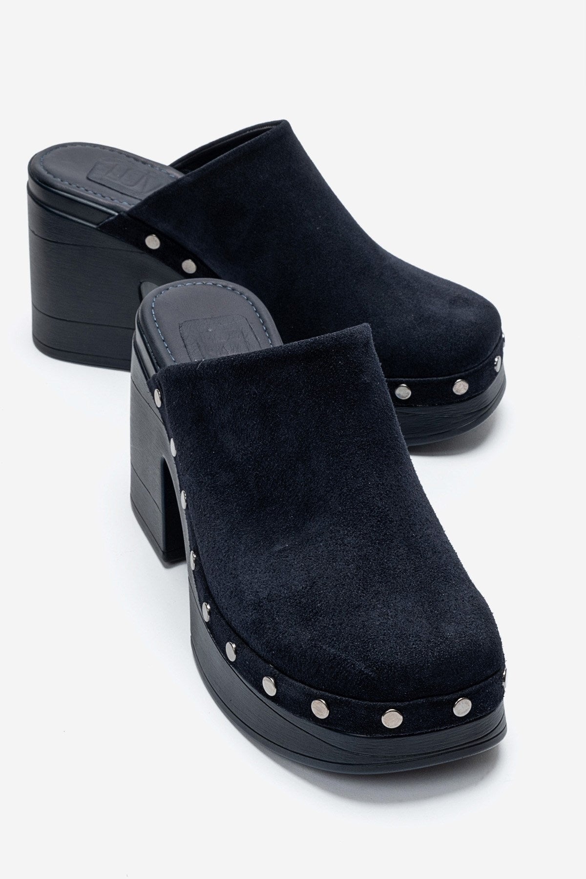BELLUNE - Navy Genuine Leather Platform Block Heel Mule – front three-quarter view showing leather, suede, SimmiUnique