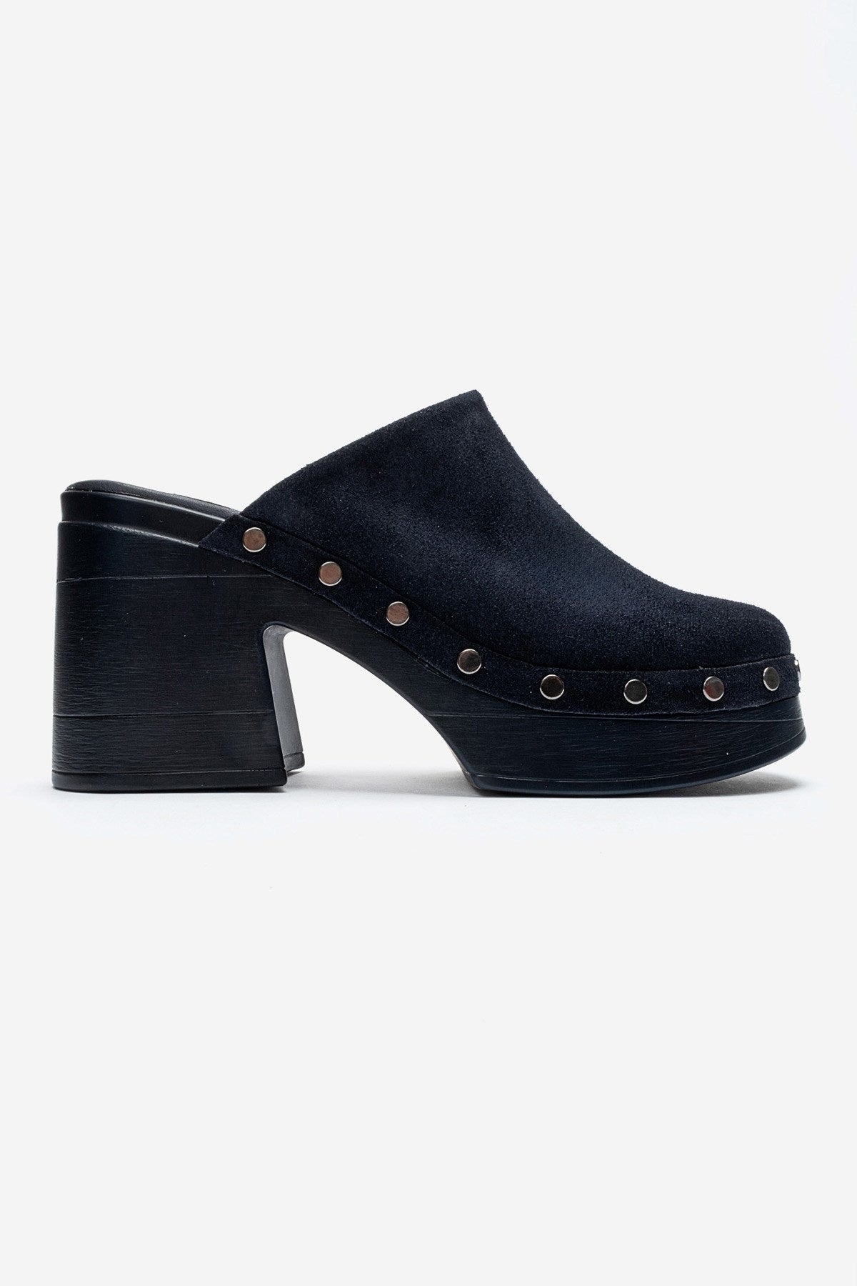 BELLUNE - Navy Genuine Leather Platform Block Heel Mule – heel view showing leather, suede, SimmiUnique