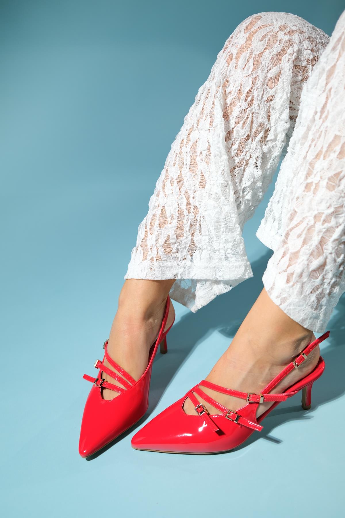 Magra Red Patent Pointed-Toe Slingback Stiletto – side view showing leather, red, SimmiUnique