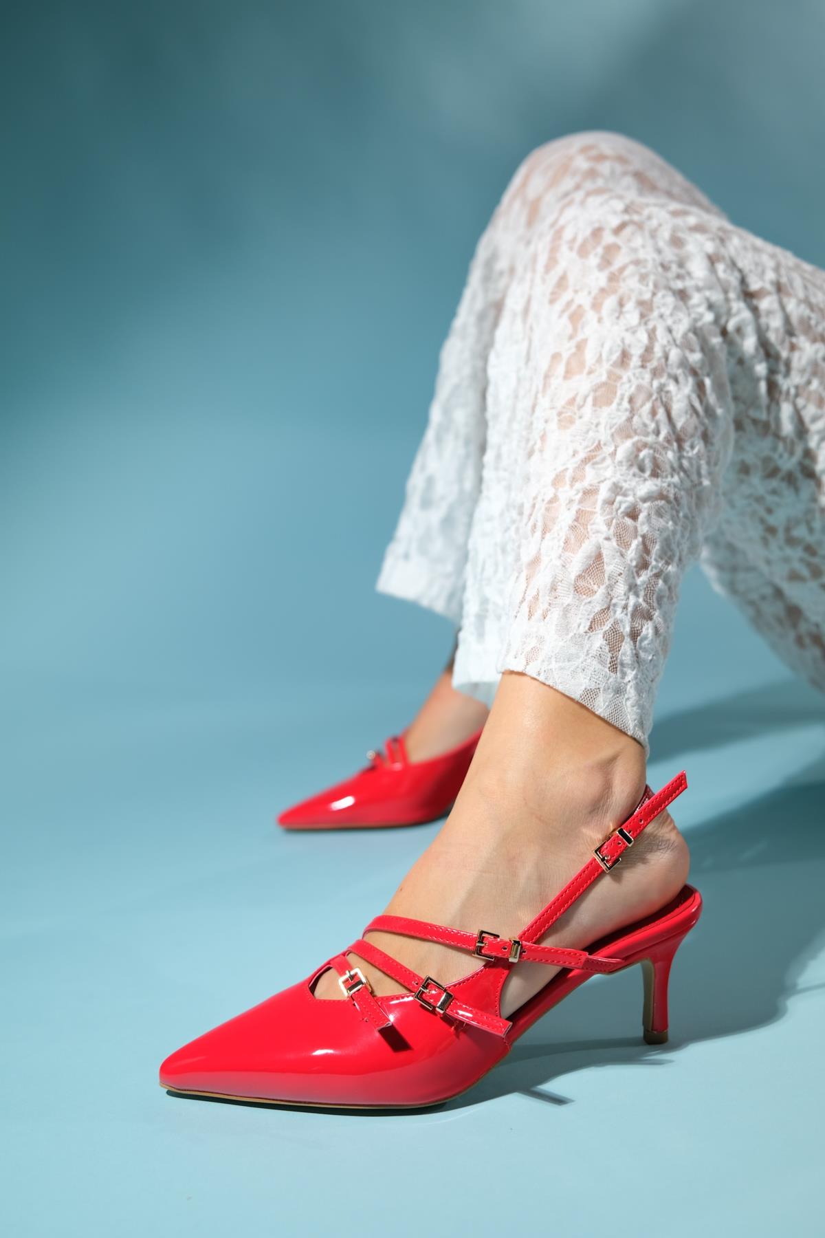 Magra Red Patent Pointed-Toe Slingback Stiletto – back view showing leather, red, SimmiUnique