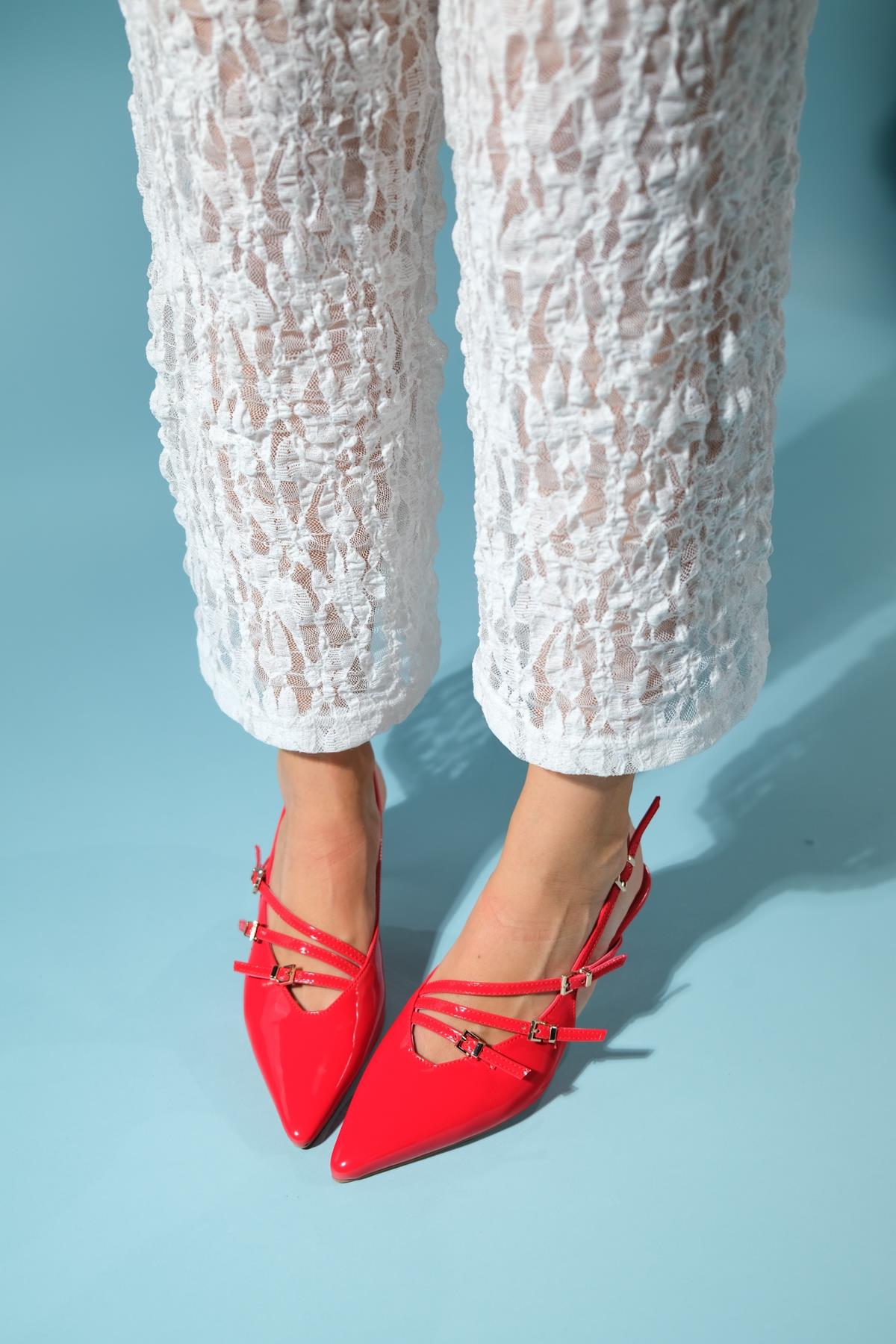 Magra Red Patent Pointed-Toe Slingback Stiletto – top view showing leather, red, SimmiUnique